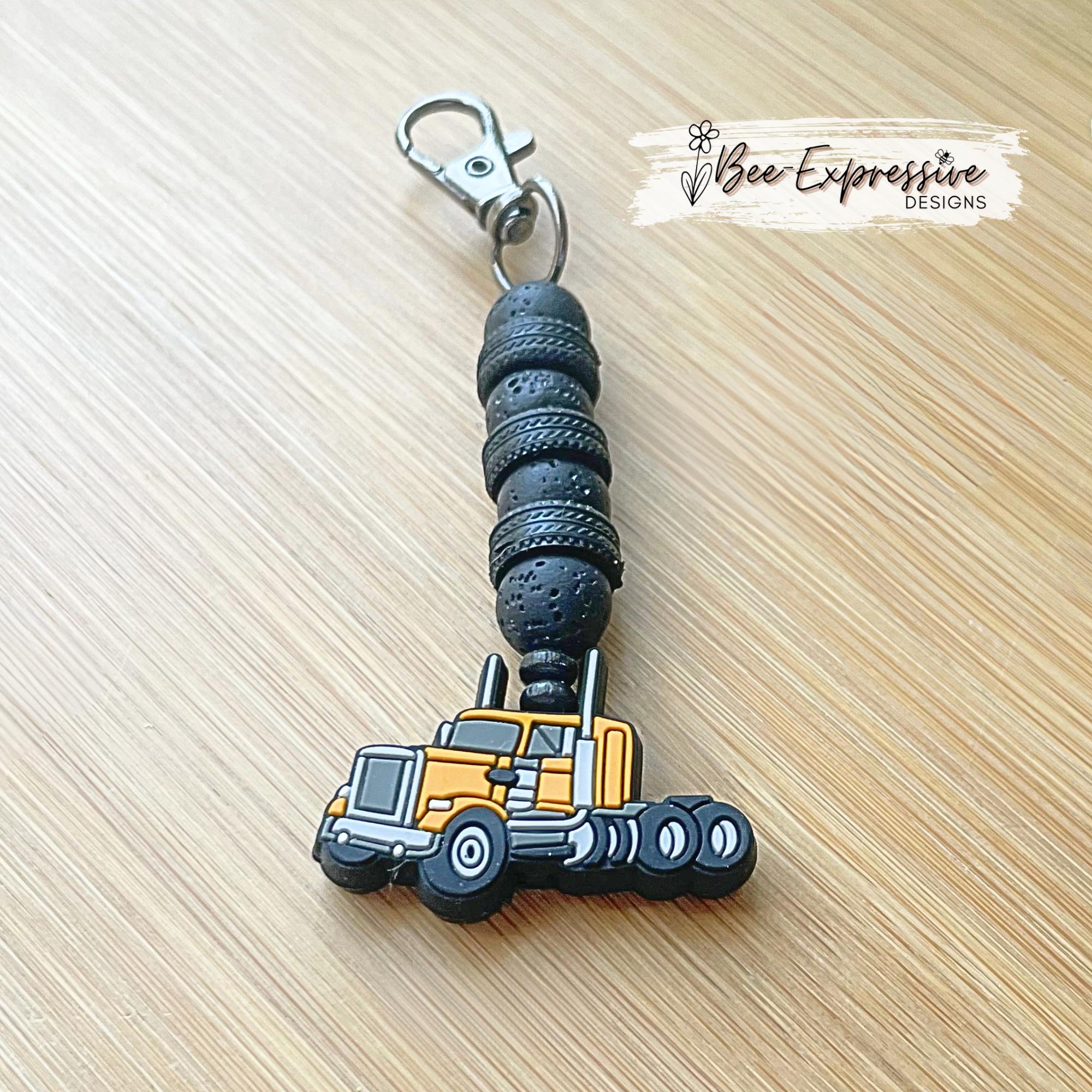 Handmade Semi Truck Keychain: Volcanic Stone Beads, Tire Spacers