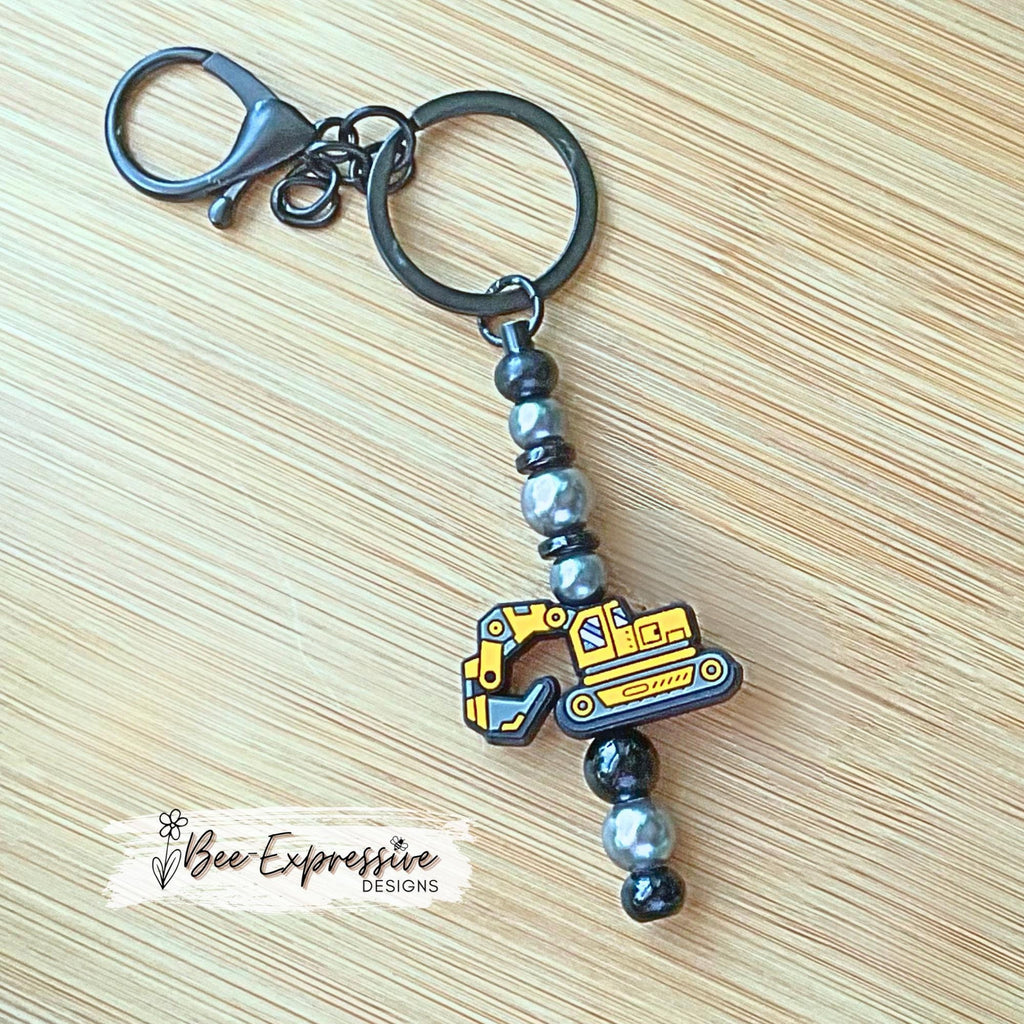 Handmade, beaded EXCAVATOR keychain or bag chain! Lobster clasp, key ring, bead bar, acrylic beads, spacer beads, excavator focal bead!