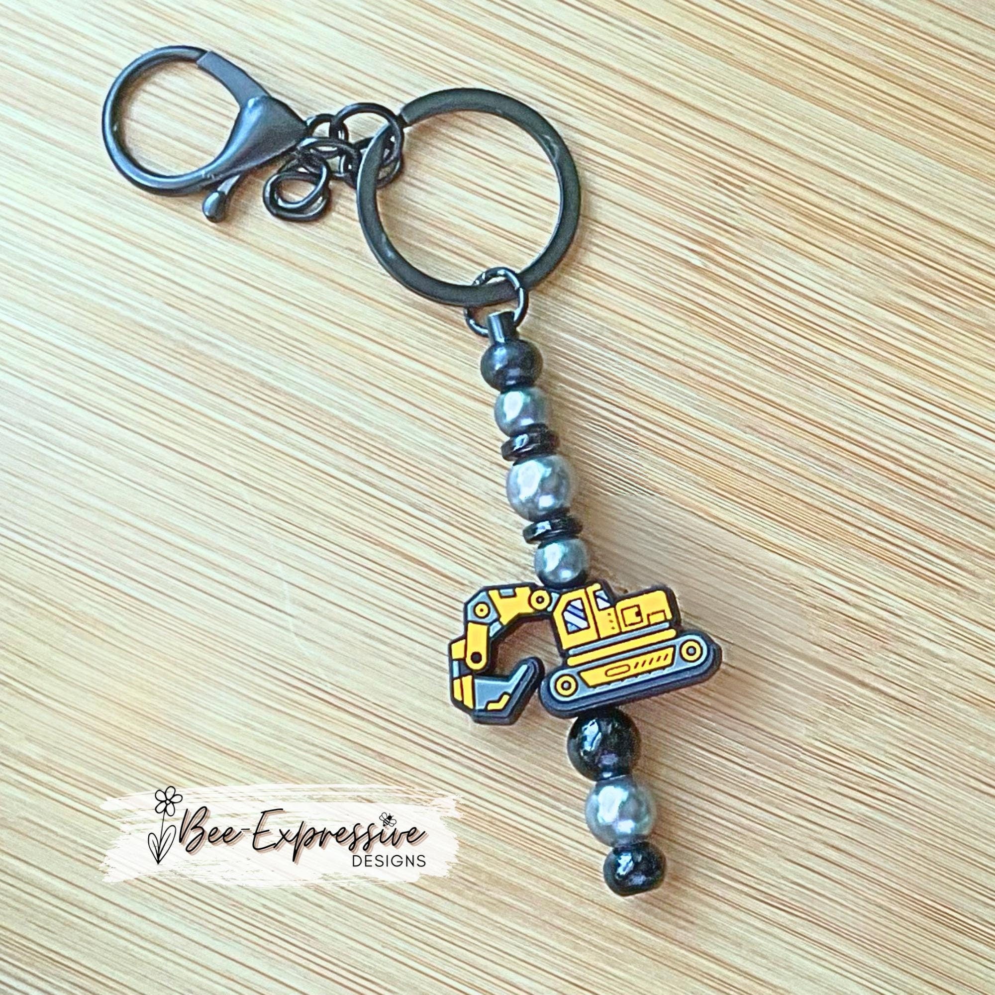 Handmade, beaded EXCAVATOR keychain or bag chain! Lobster clasp, key ring, bead bar, acrylic beads, spacer beads, excavator focal bead!