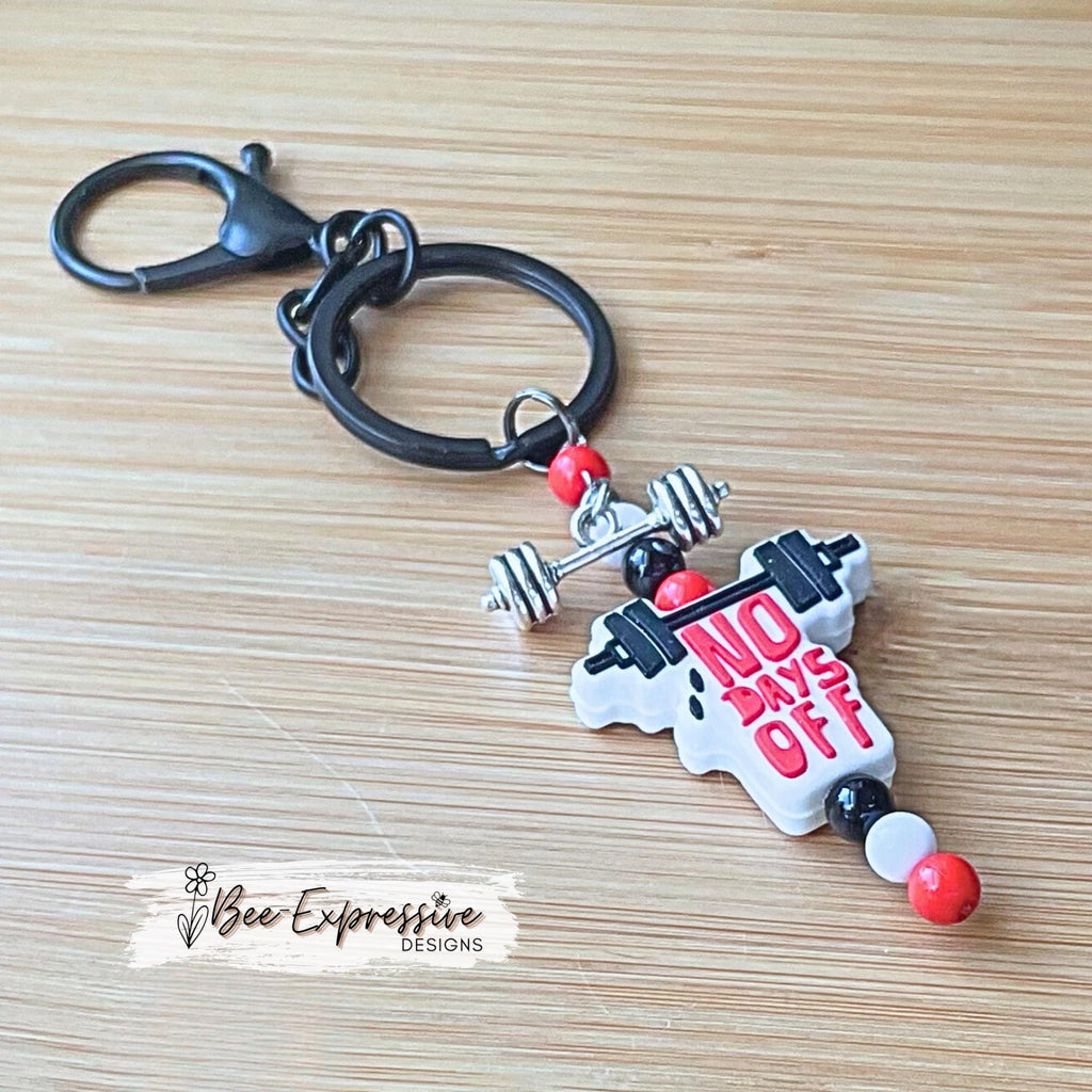 Handmade and unique, WEIGHTLIFTING, work out keychain!  Black lobster clasp, keyring, silicone focal bead, dumbbell charm, acrylic beads
