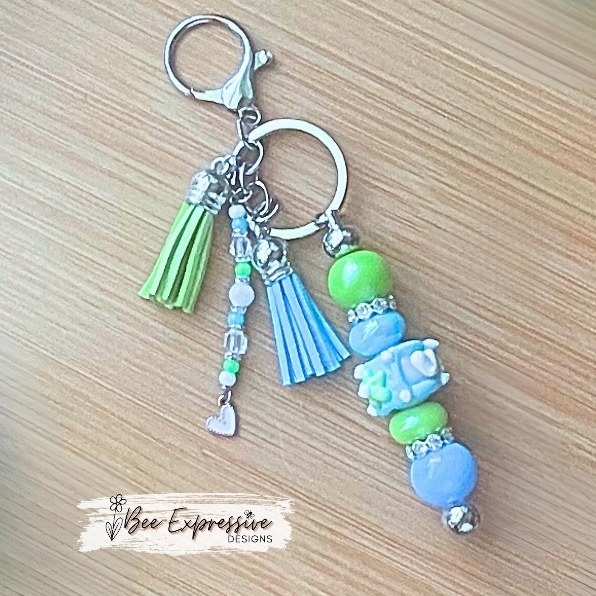 Beautiful, handmade iridescent keychain! Lobster clasp, keyring, bar, lampwork bead, rhinestone spacers, acrylic, beaded tassel, heart charm
