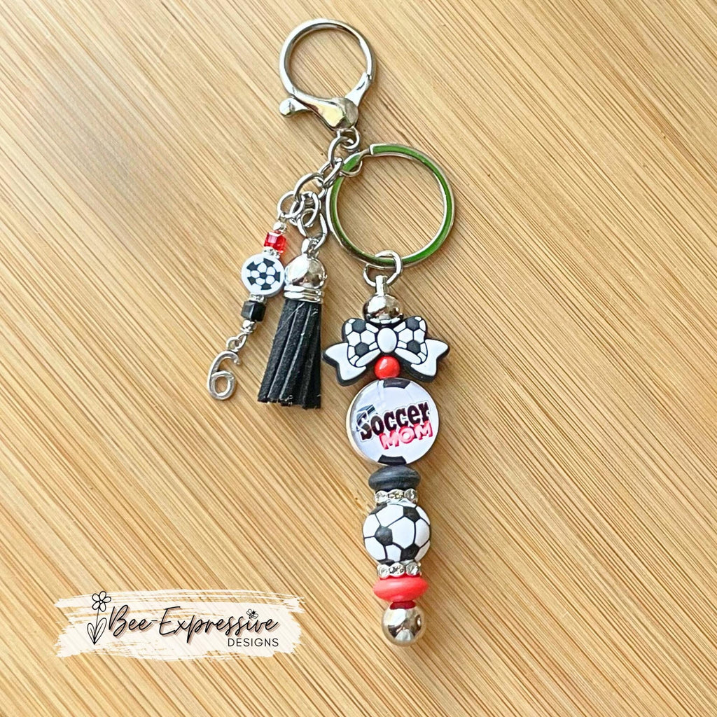 Handmade, soccer mom, keychain! Lobster claw or swivel clasp, soccer bow & ball, rhinestone spacer, acrylic beaded tassel, custom jersey #!