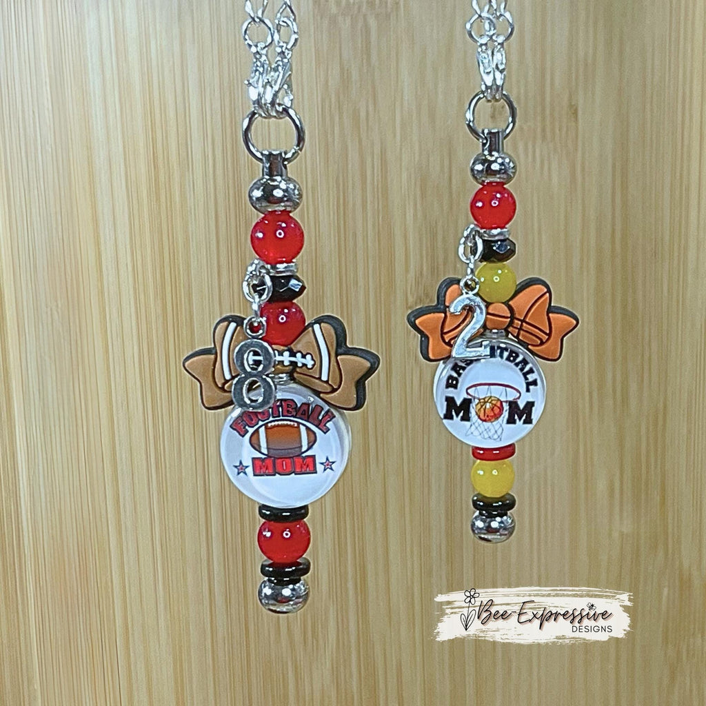 Handmade, Football, Basketball, Baseball, Softball, Soccer, Volleyball tumbler charm chains! 4” beaded bar, cabochon, bow, custom jersey #
