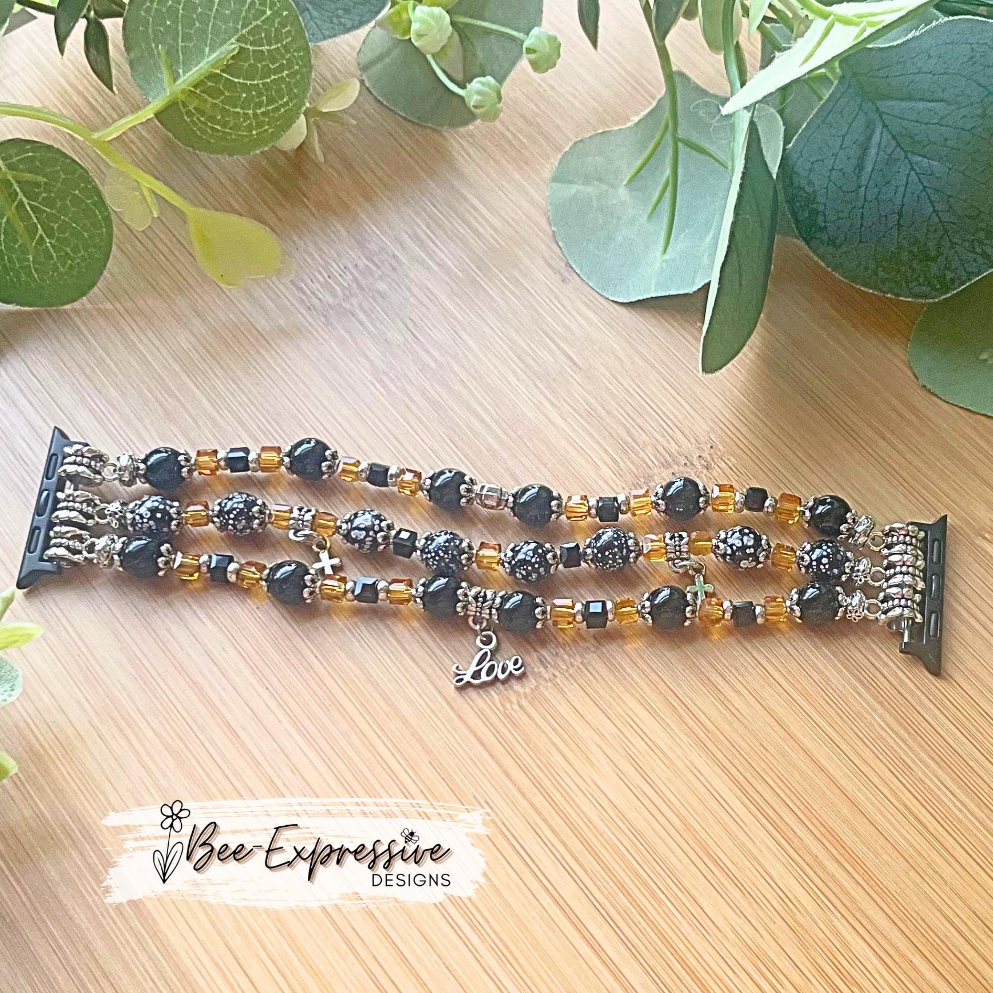 Handmade Beaded Watch Bracelet: Cross & LOVE Charms, Custom Size