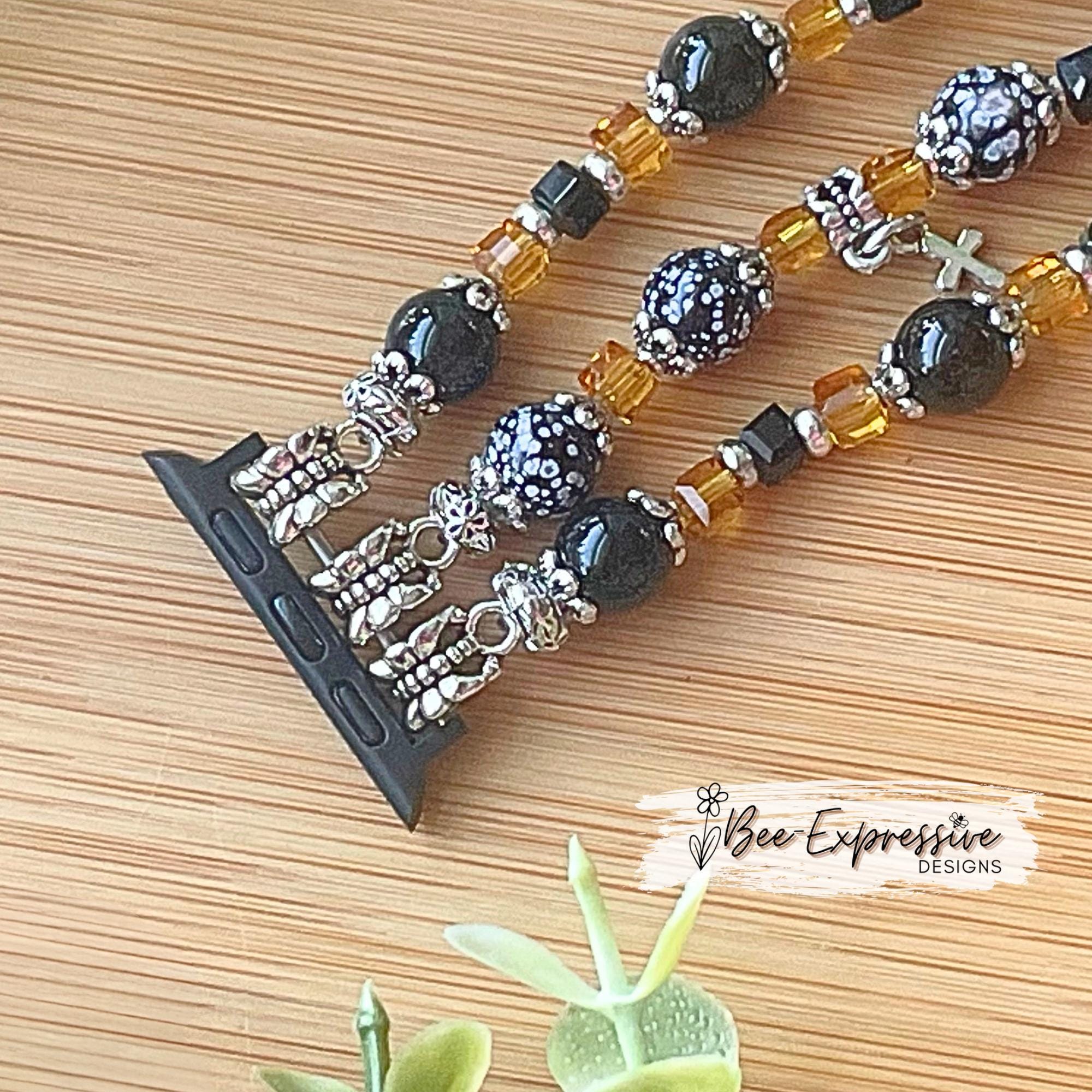 Handmade, beaded watch bracelet! Cross charms, LOVE charm, acrylic beads, metal spacers, floral bead end caps, custom sizes & color adapter