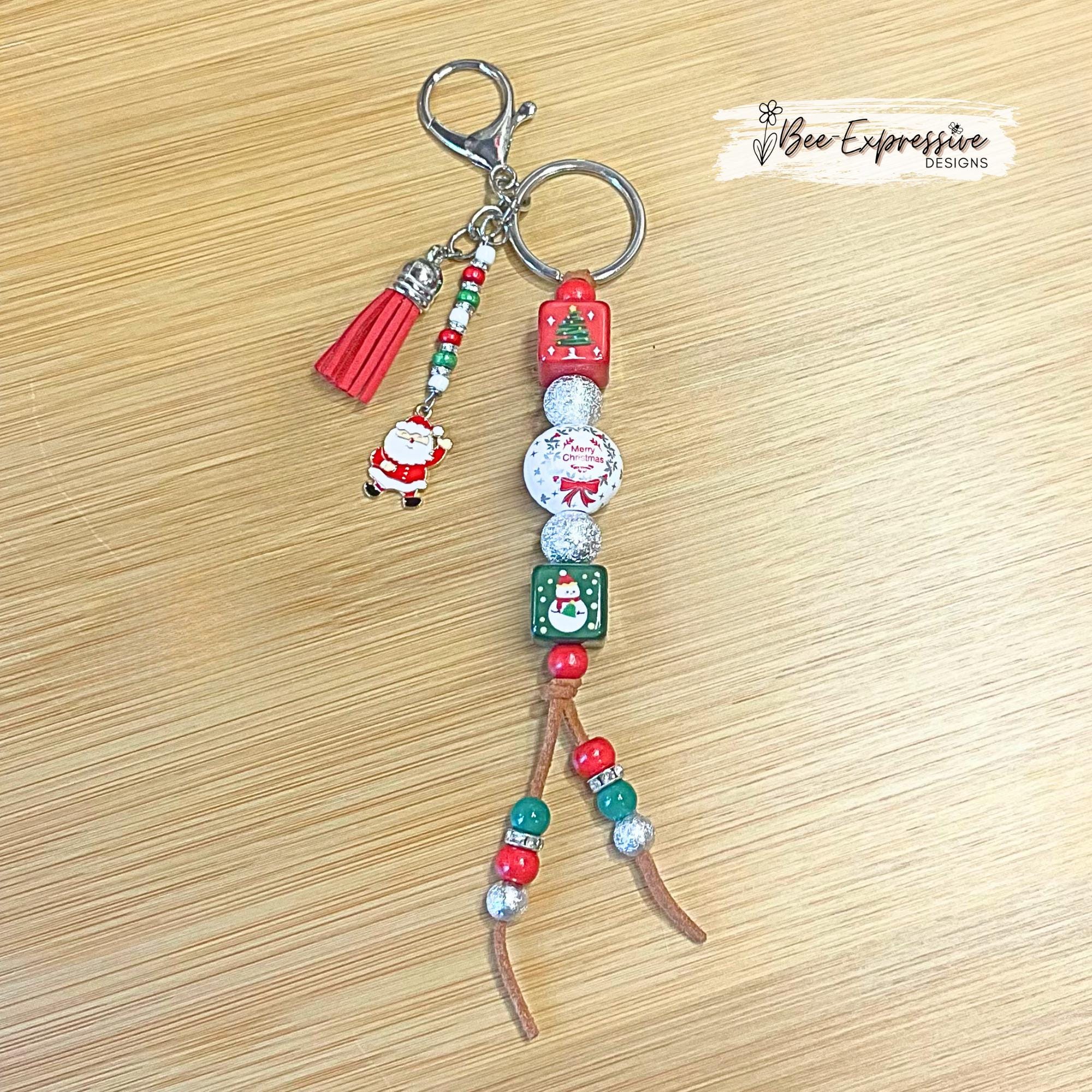 Handmade Beaded Christmas Keychain: Santa Charm & Suede Tassel