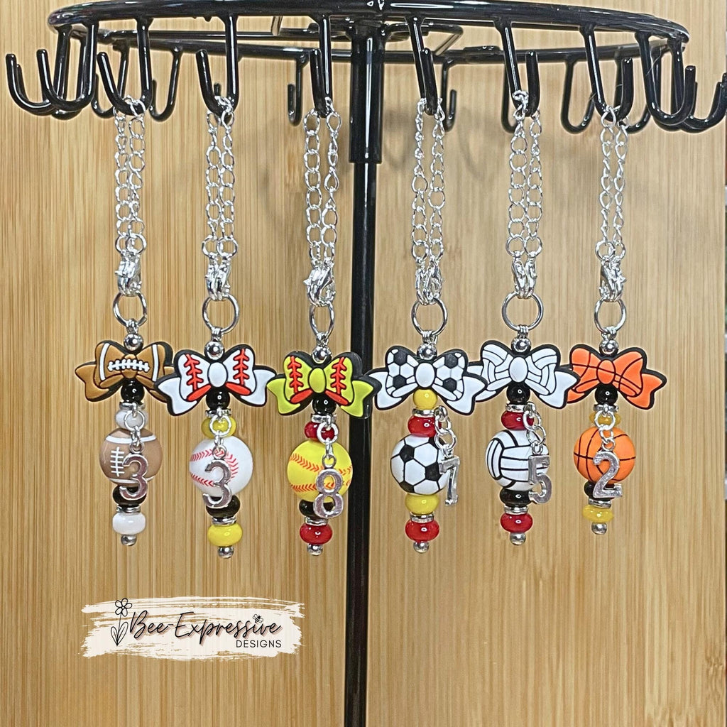 Handmade, SPORTS, tumbler charm chains! Basketball, volleyball, baseball, softball, & soccer balls, custom jersey # charm and school colors!