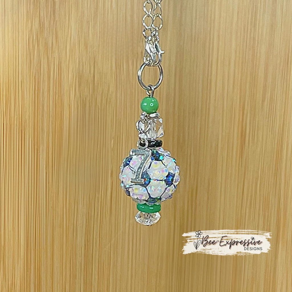 Tumbler, chunky beaded, charm chains! Choose 20mm rhinestone acrylic basketball, baseball, softball, soccer, or football & a jersey # charm!