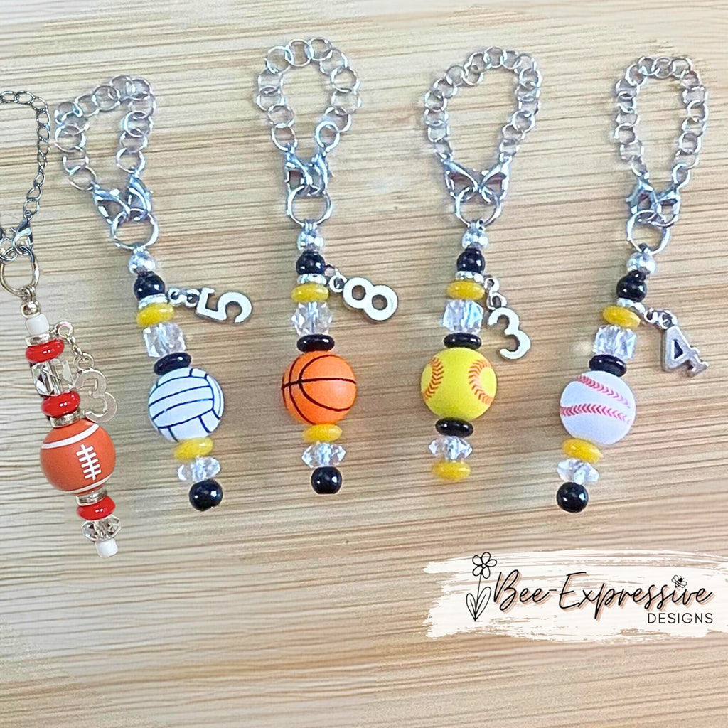 Handmade and unique, sports tumbler charm chains! Basketball, volleyball, baseball, softball, and soccer silicone balls, jersey # charm!