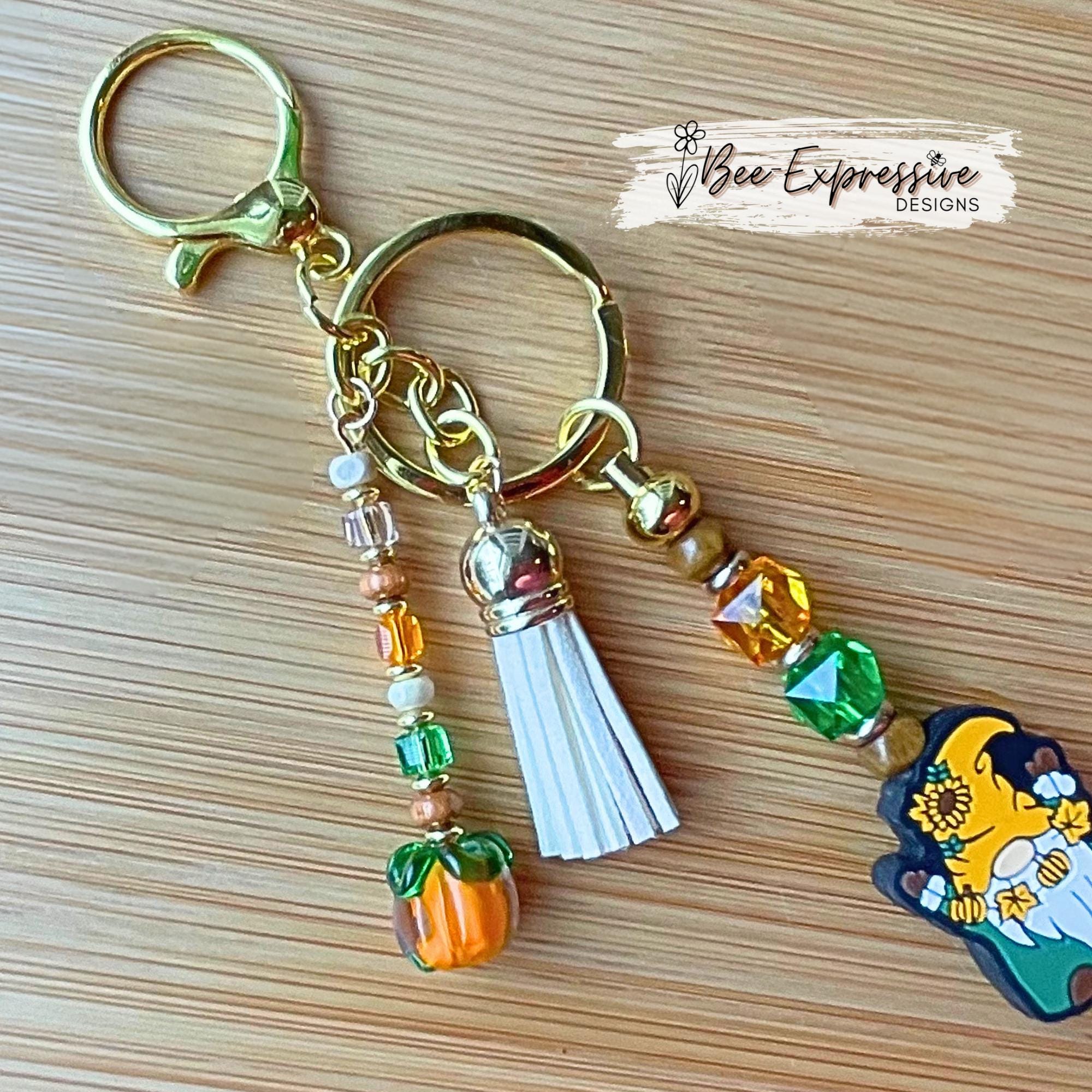 Handmade, beaded, GNOME fall or autumn keychain! Lobster or swivel clasp, bead bar, acrylic beads, beaded tassel with a glass pumpkin charm!