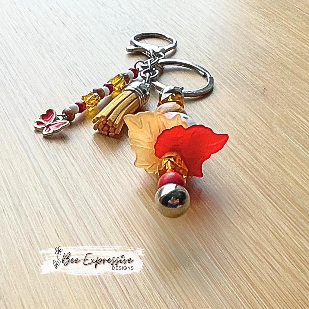 Handmade, AUTUMN fall keychain, bag chain! Swivel or lobster clasp, acrylic & wood beads, beaded tassel, butterfly charm, acrylic leaves