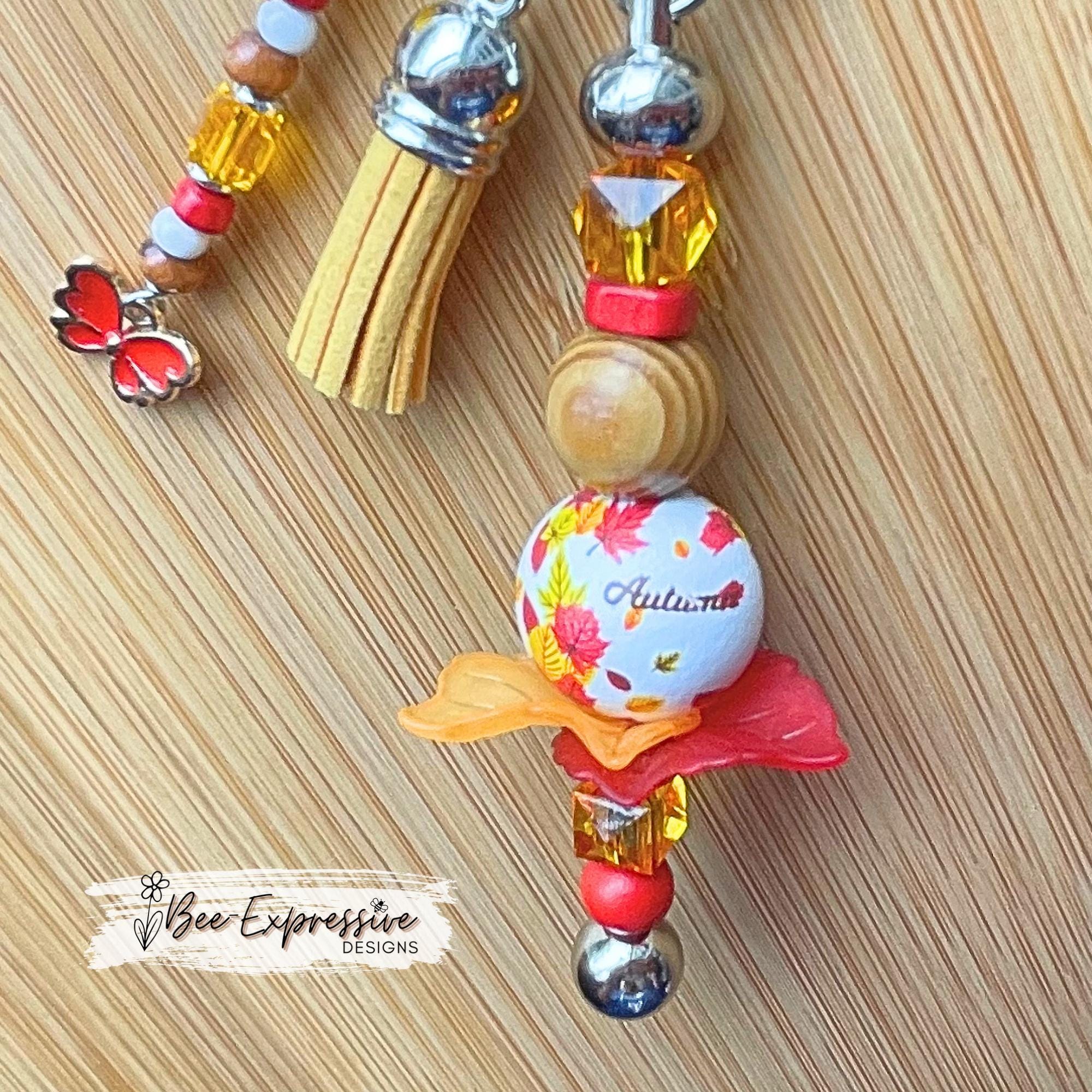 Handmade, AUTUMN fall keychain, bag chain! Swivel or lobster clasp, acrylic & wood beads, beaded tassel, butterfly charm, acrylic leaves