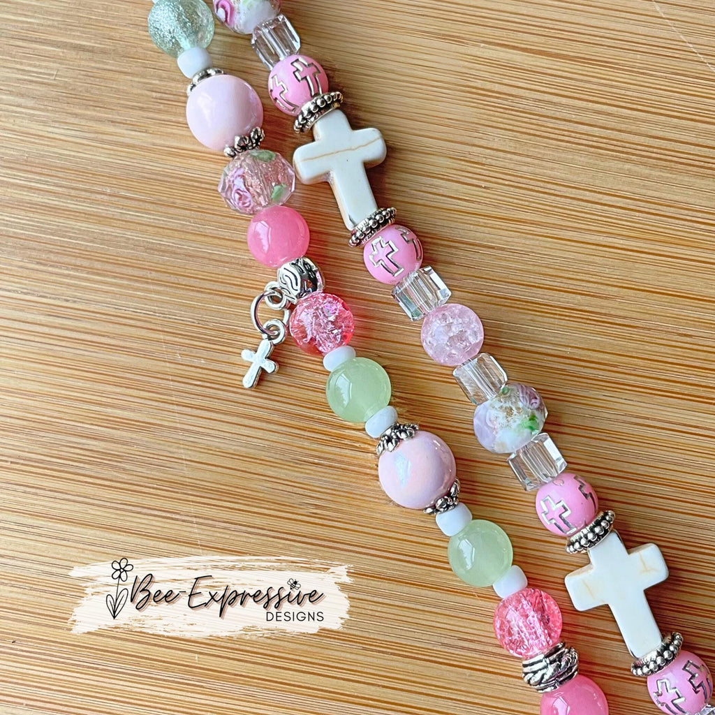 Handmade, unique, beaded CROSS bracelet for Apple watch! Stone cross beads, acrylic beads, cross charm, custom length & choose adapter color