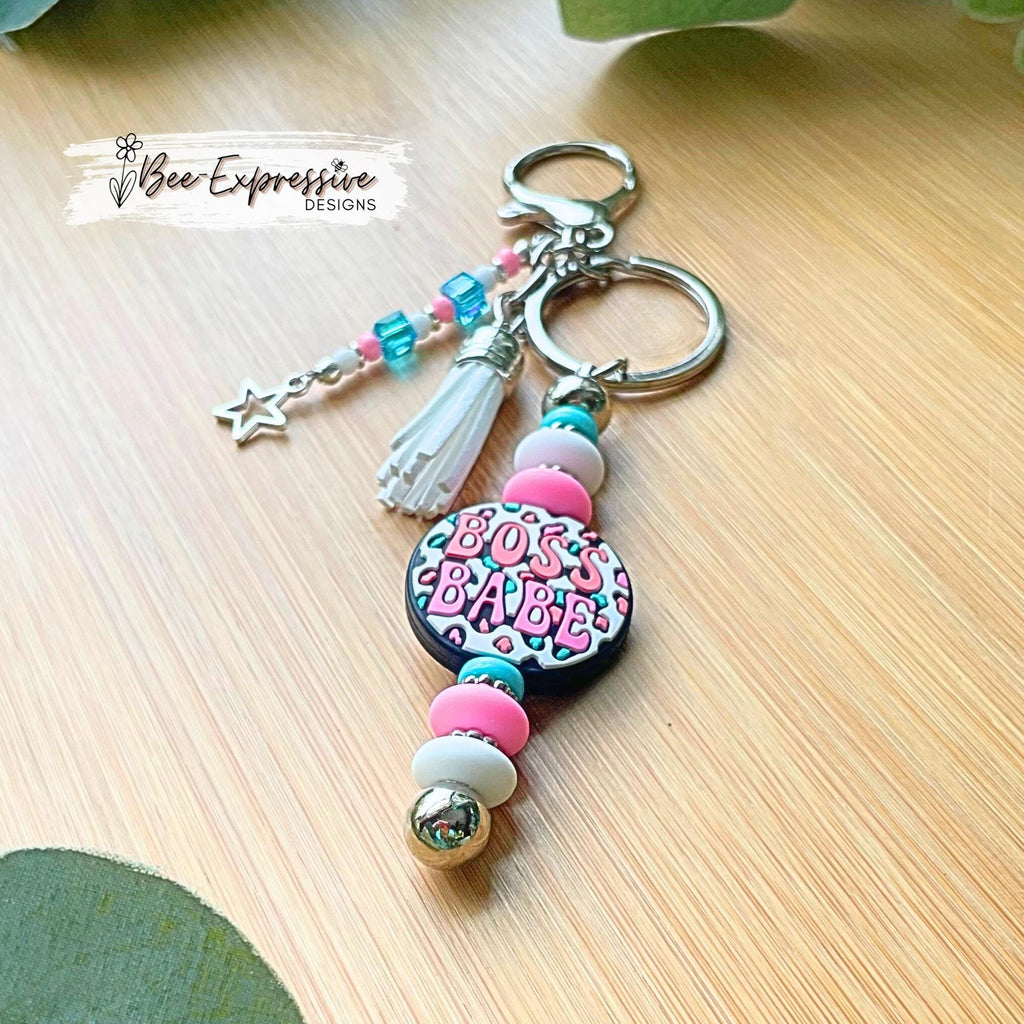 Handmade, unique, BOSS BABE keychain! Lobster claw clasp, focal bead, silicone lentil beads, spacers, beaded acrylic tassel with star charm