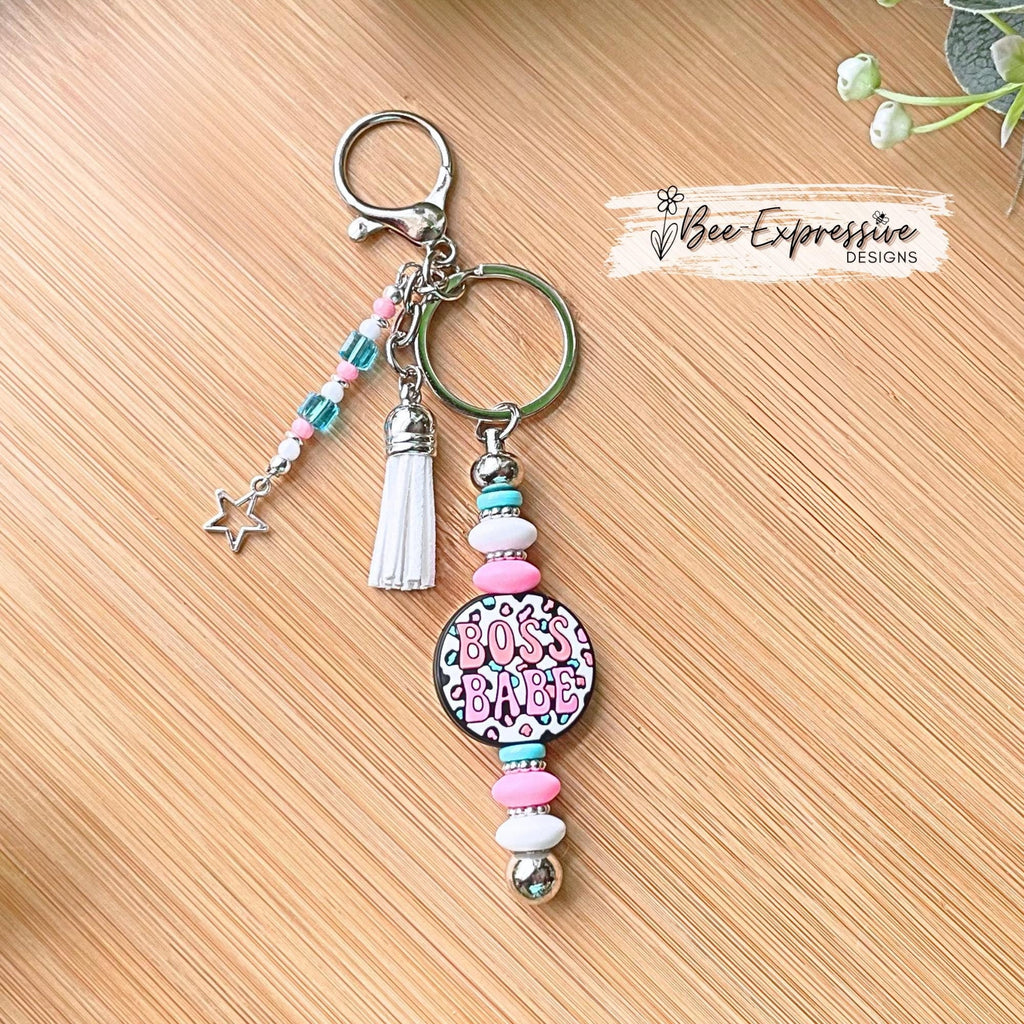 Handmade, unique, BOSS BABE keychain! Lobster claw clasp, focal bead, silicone lentil beads, spacers, beaded acrylic tassel with star charm