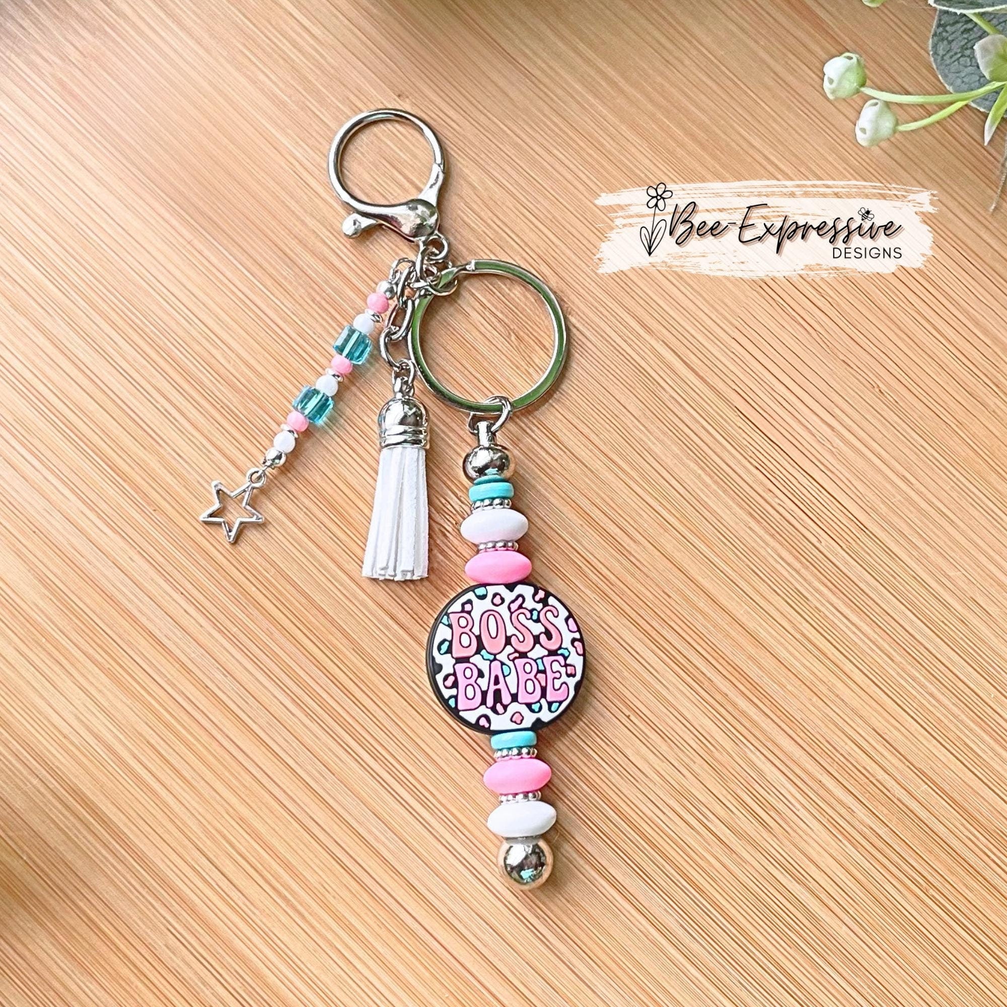 Handmade, unique, BOSS BABE keychain! Lobster claw clasp, focal bead, silicone lentil beads, spacers, beaded acrylic tassel with star charm