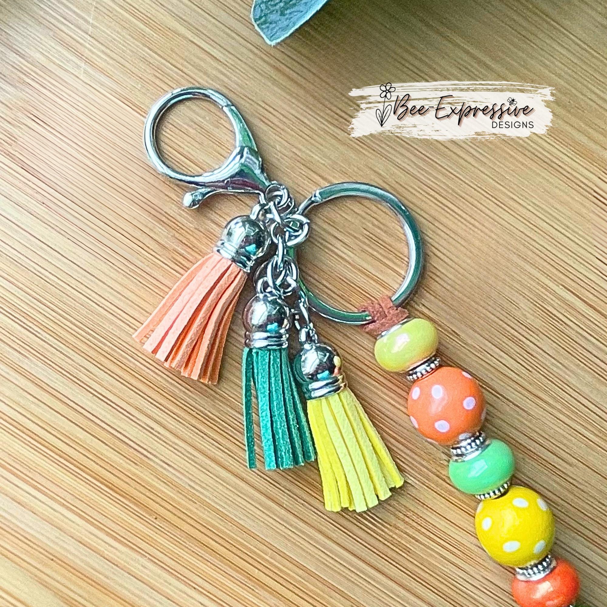 Beaded, colorful, keychain! Lobster clasp, keyring, suede cord, polka dot wood beads, large holed acrylic beads, silver spacers, tassels!