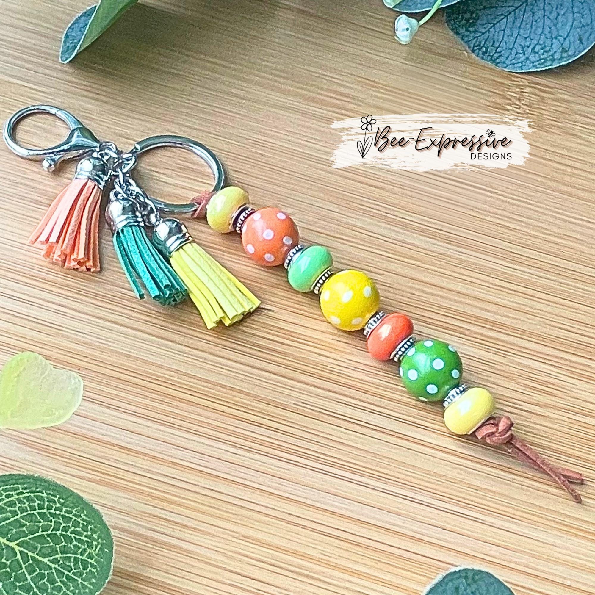 Beaded, colorful, keychain! Lobster clasp, keyring, suede cord, polka dot wood beads, large holed acrylic beads, silver spacers, tassels!