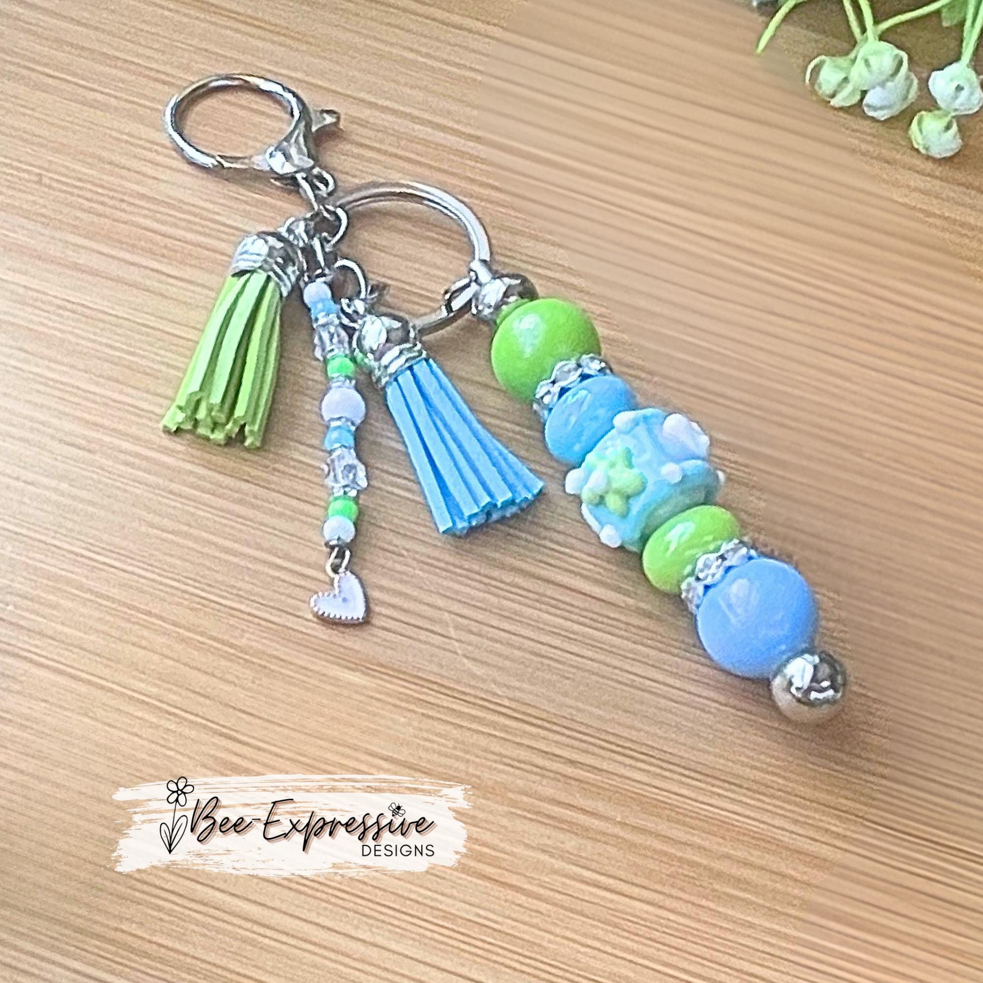 Beautiful, handmade iridescent keychain! Lobster clasp, keyring, bar, lampwork bead, rhinestone spacers, acrylic, beaded tassel, heart charm