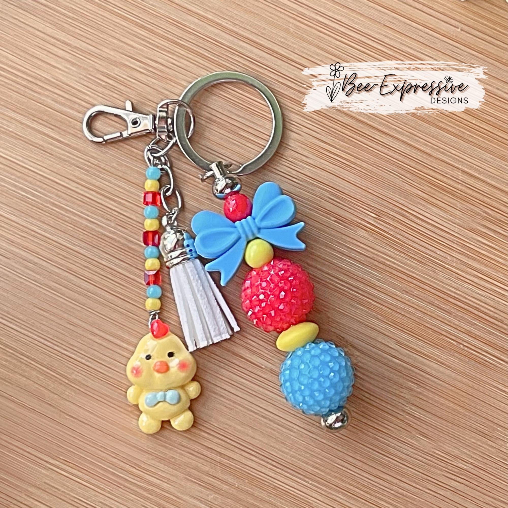 CHUNKY beaded, chicken charm, keychain! Lobster or swivel clasp, bead bar, silicone bow, beaded tassel, acrylic chicken charm!
