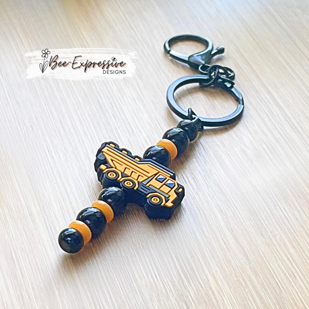 Handmade, beaded DUMP TRUCK keychain or bag chain! Lobster clasp, key ring, bead bar, acrylic beads, spacer beads, dump truck focal bead!