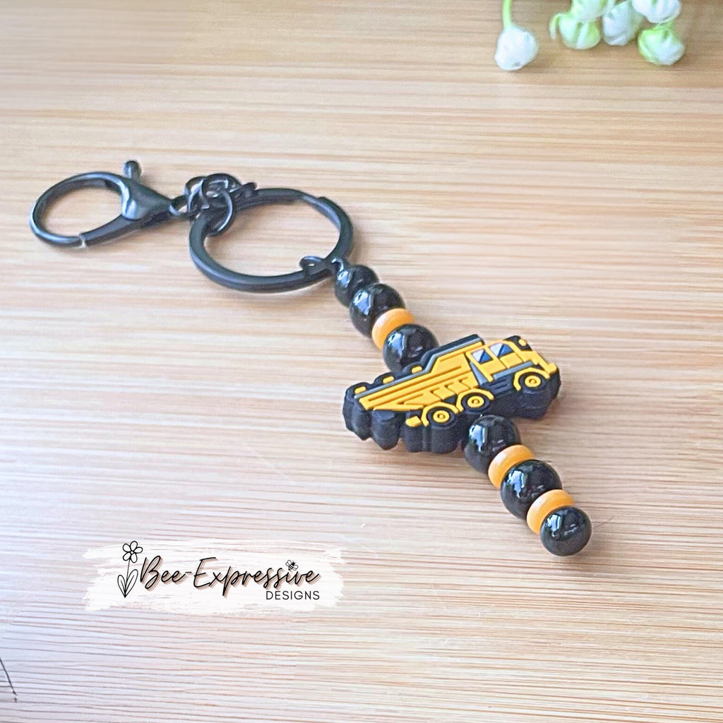 Handmade, beaded DUMP TRUCK keychain or bag chain! Lobster clasp, key ring, bead bar, acrylic beads, spacer beads, dump truck focal bead!