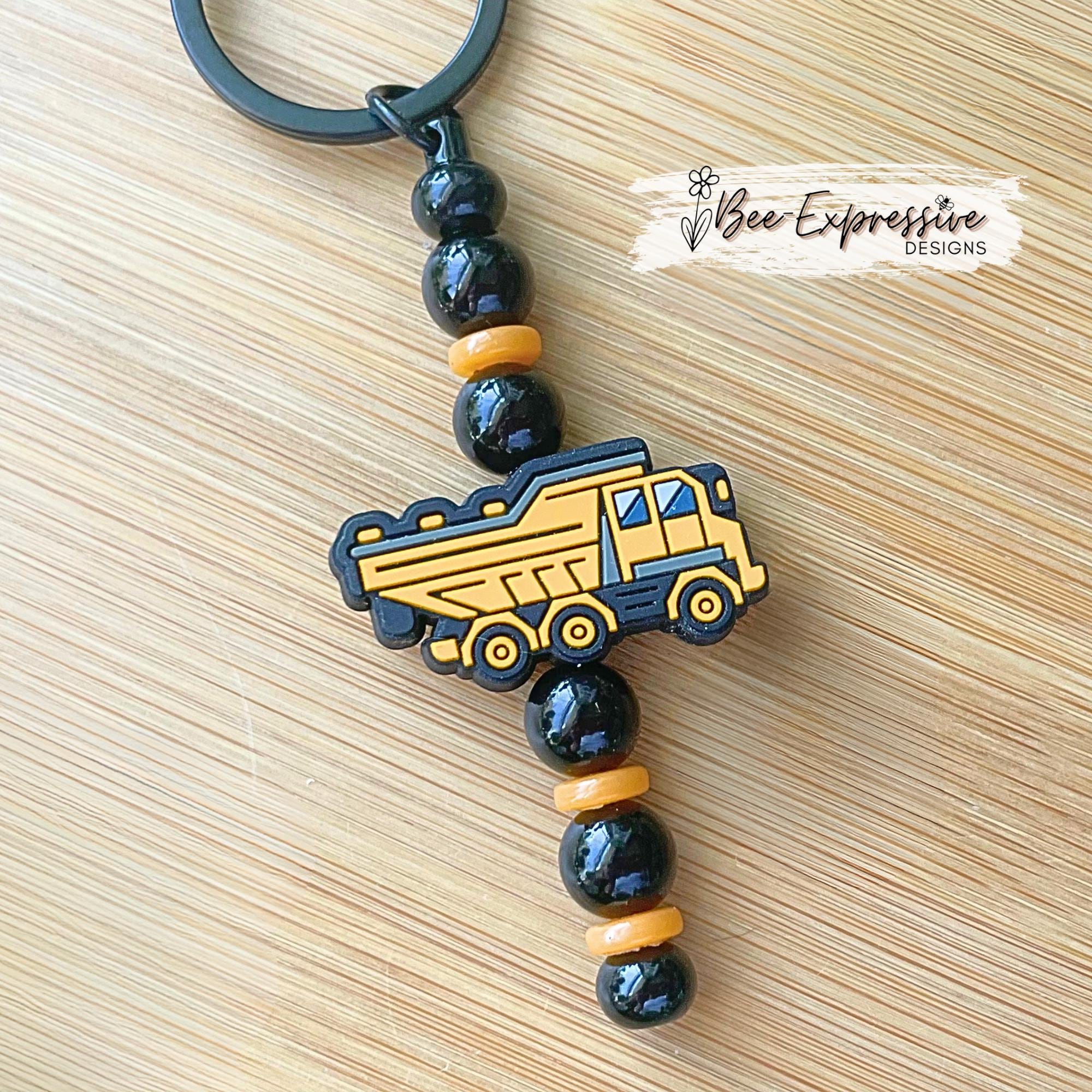Handmade, beaded DUMP TRUCK keychain or bag chain! Lobster clasp, key ring, bead bar, acrylic beads, spacer beads, dump truck focal bead!