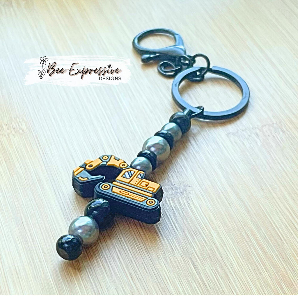Handmade, beaded EXCAVATOR keychain or bag chain! Lobster clasp, key ring, bead bar, acrylic beads, spacer beads, excavator focal bead!