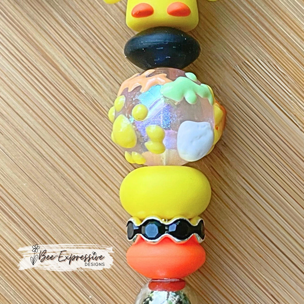 Adorable, handmade 3D DUCK keychain! Lobster clasp, metal, lentils, rhinestone spacer, painted glass bead, beaded tassel with flower charm!