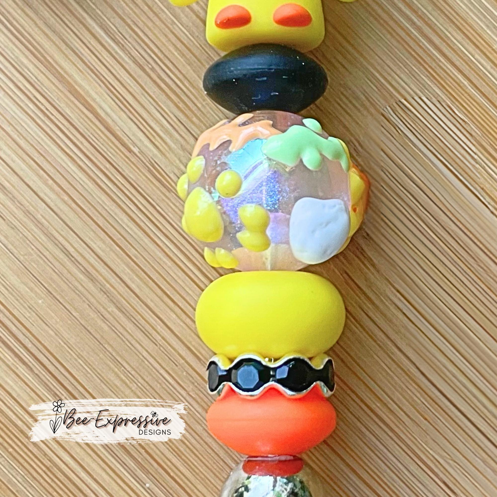 Adorable, handmade 3D DUCK keychain! Lobster clasp, metal, lentils, rhinestone spacer, painted glass bead, beaded tassel with flower charm!