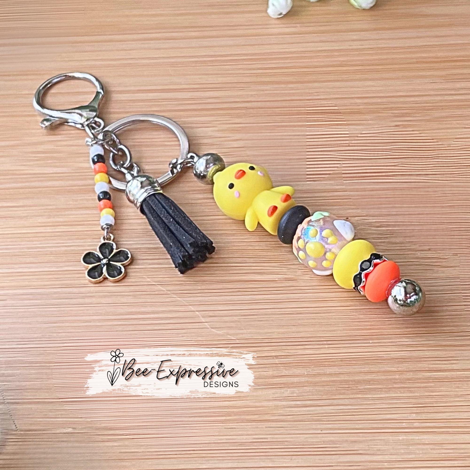 Adorable, handmade 3D DUCK keychain! Lobster clasp, metal, lentils, rhinestone spacer, painted glass bead, beaded tassel with flower charm!