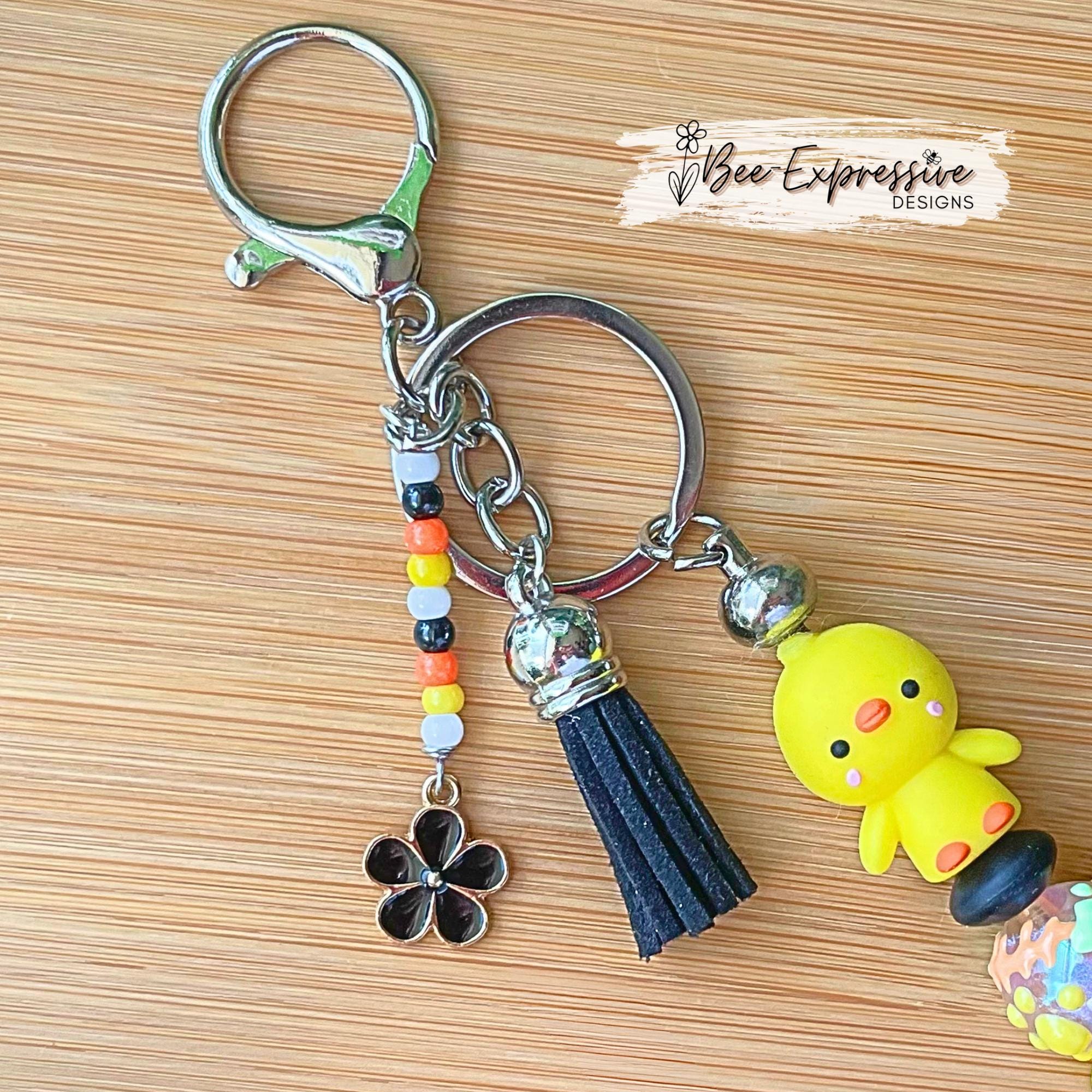 Adorable, handmade 3D DUCK keychain! Lobster clasp, metal, lentils, rhinestone spacer, painted glass bead, beaded tassel with flower charm!