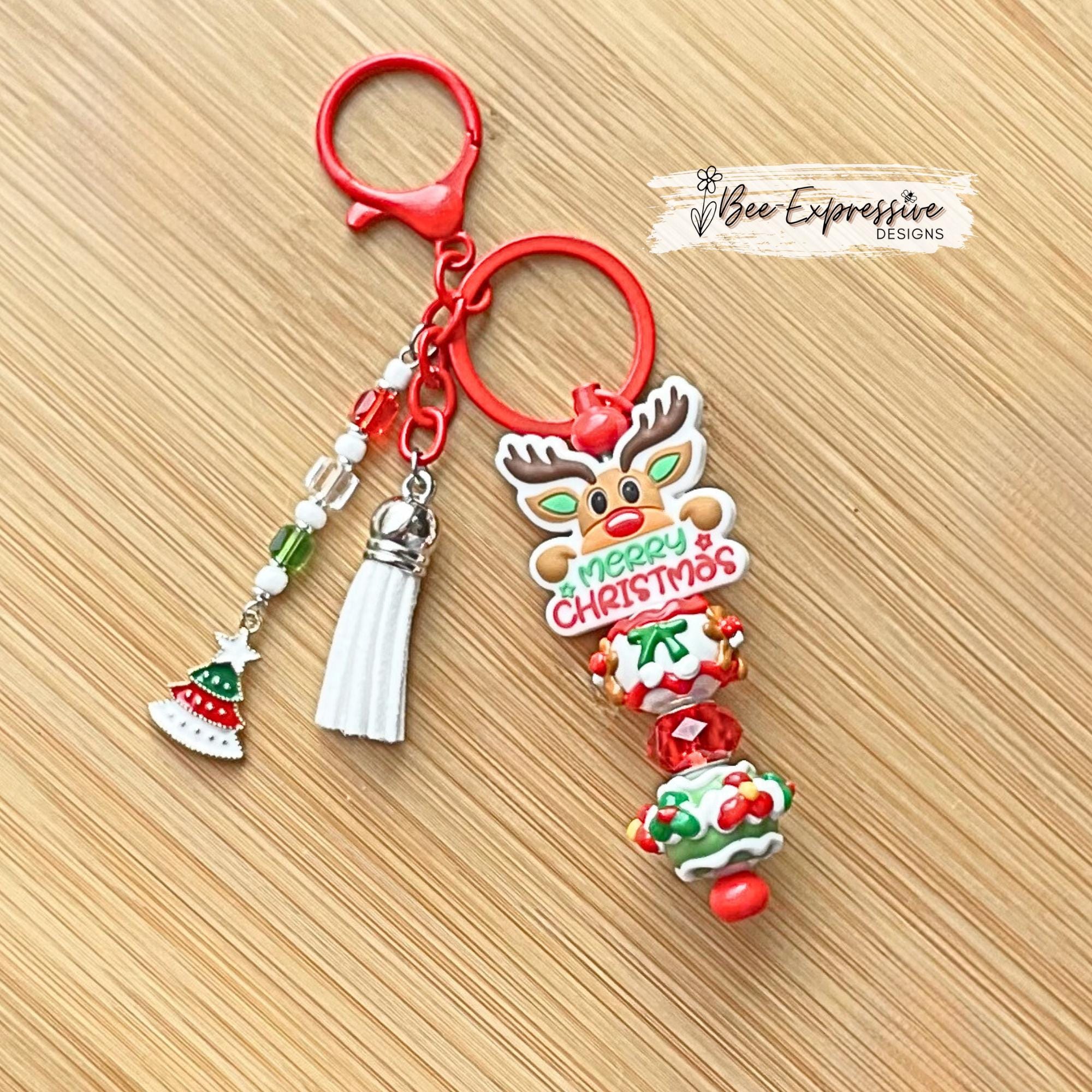 Handmade Reindeer Christmas Keychain: Lampwork Glass Beads & Tree Charm