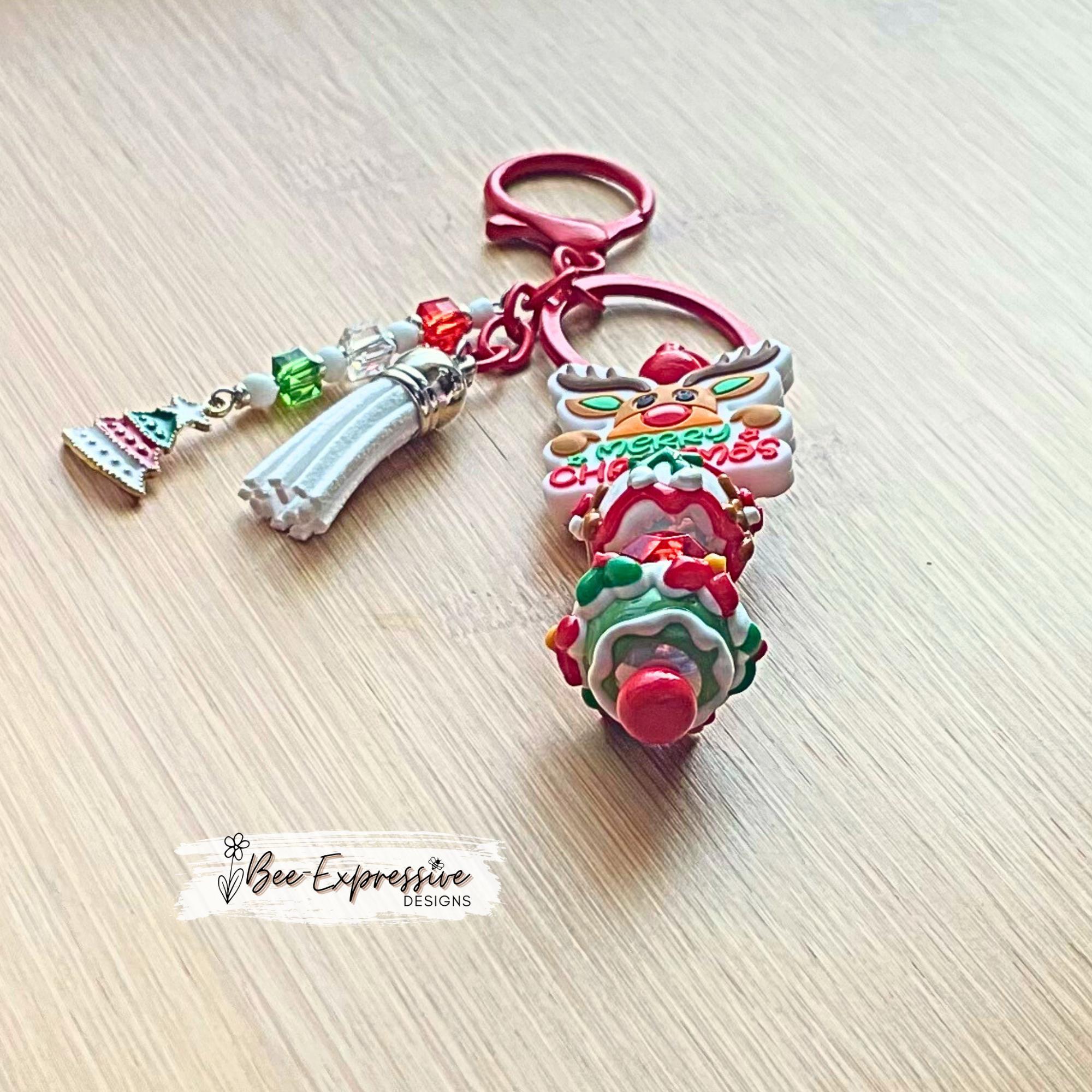 Handmade, silicone REINDEER, Christmas keychain!  Red lobster clasp, bead bar, lampwork glass beads, beaded tassel, Christmas tree charm!