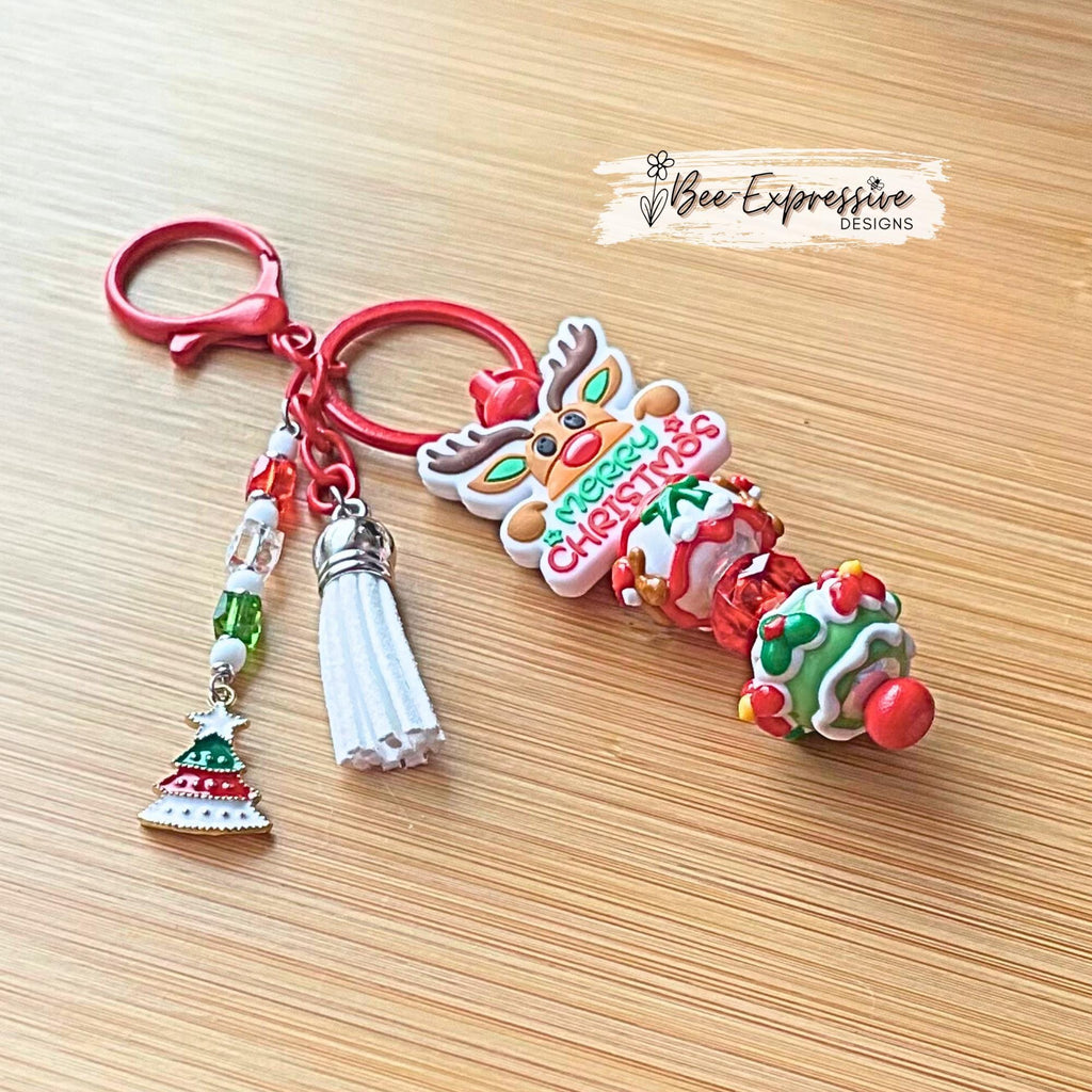 Handmade, silicone REINDEER, Christmas keychain!  Red lobster clasp, bead bar, lampwork glass beads, beaded tassel, Christmas tree charm!