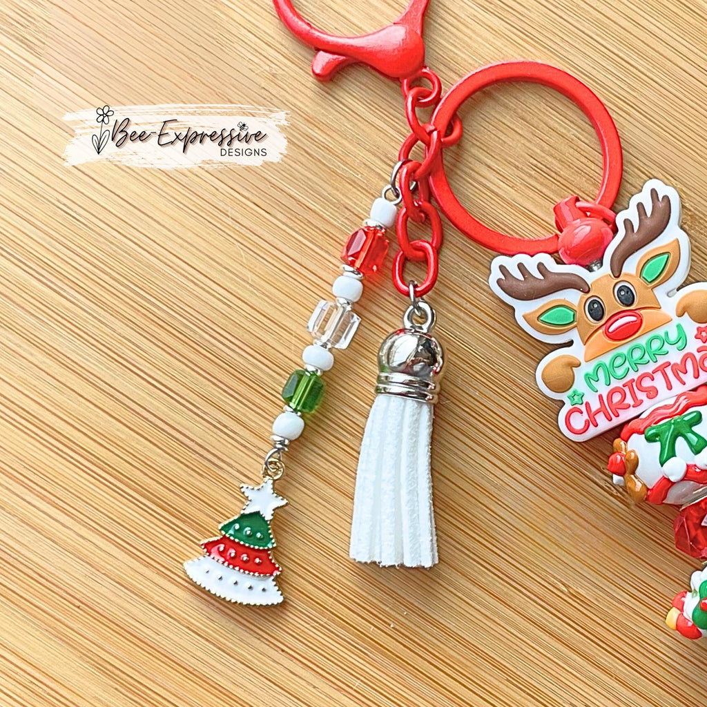 Handmade, silicone REINDEER, Christmas keychain!  Red lobster clasp, bead bar, lampwork glass beads, beaded tassel, Christmas tree charm!