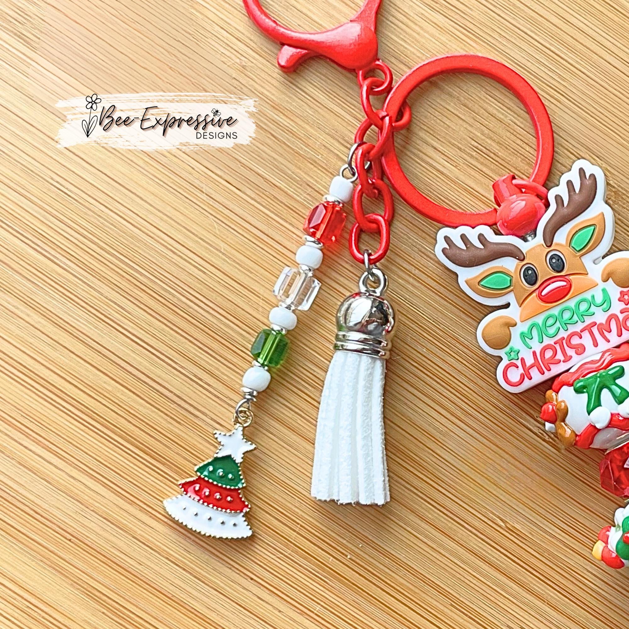 Handmade, silicone REINDEER, Christmas keychain!  Red lobster clasp, bead bar, lampwork glass beads, beaded tassel, Christmas tree charm!