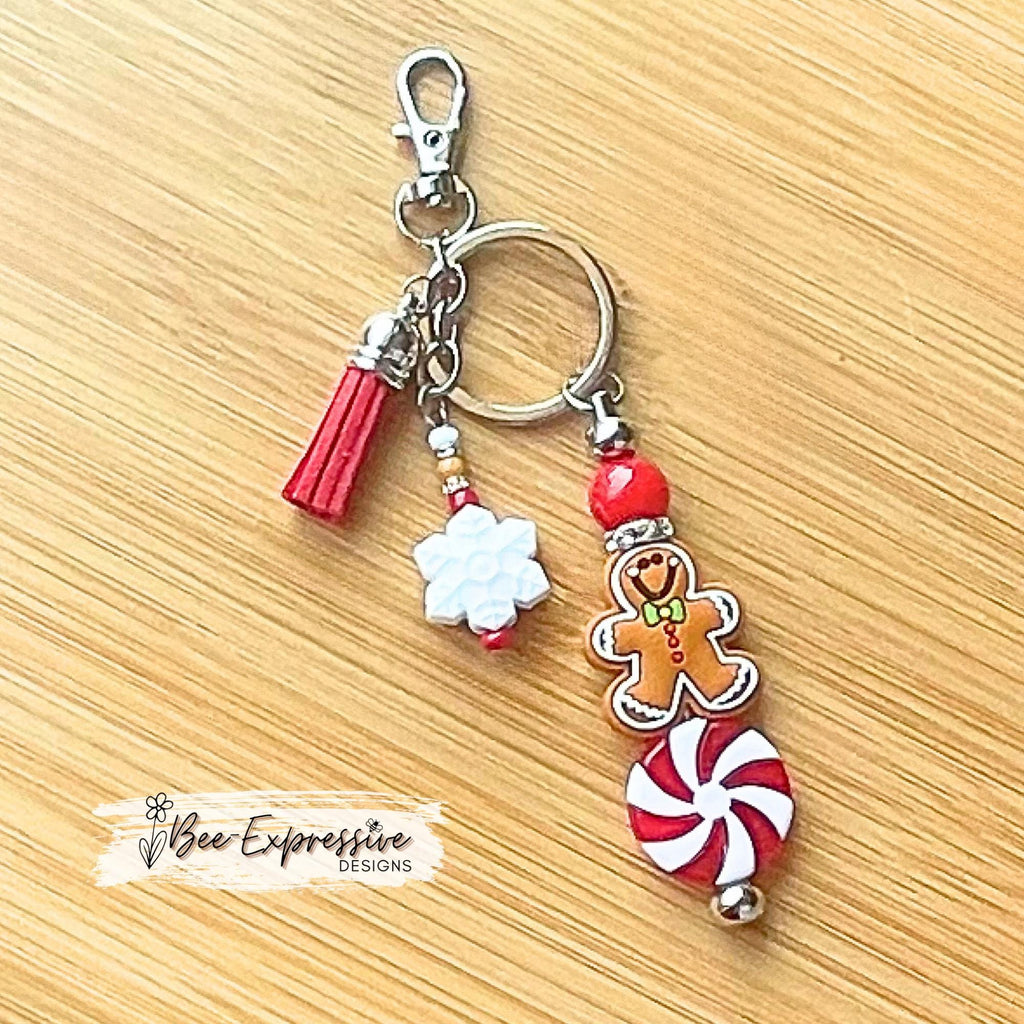 Beaded, handmade, Christmas GINGERBREAD keychain! Lobster clasp, beaded bar, acrylic, beaded tassel, silicone snowflake, peppermint bead!