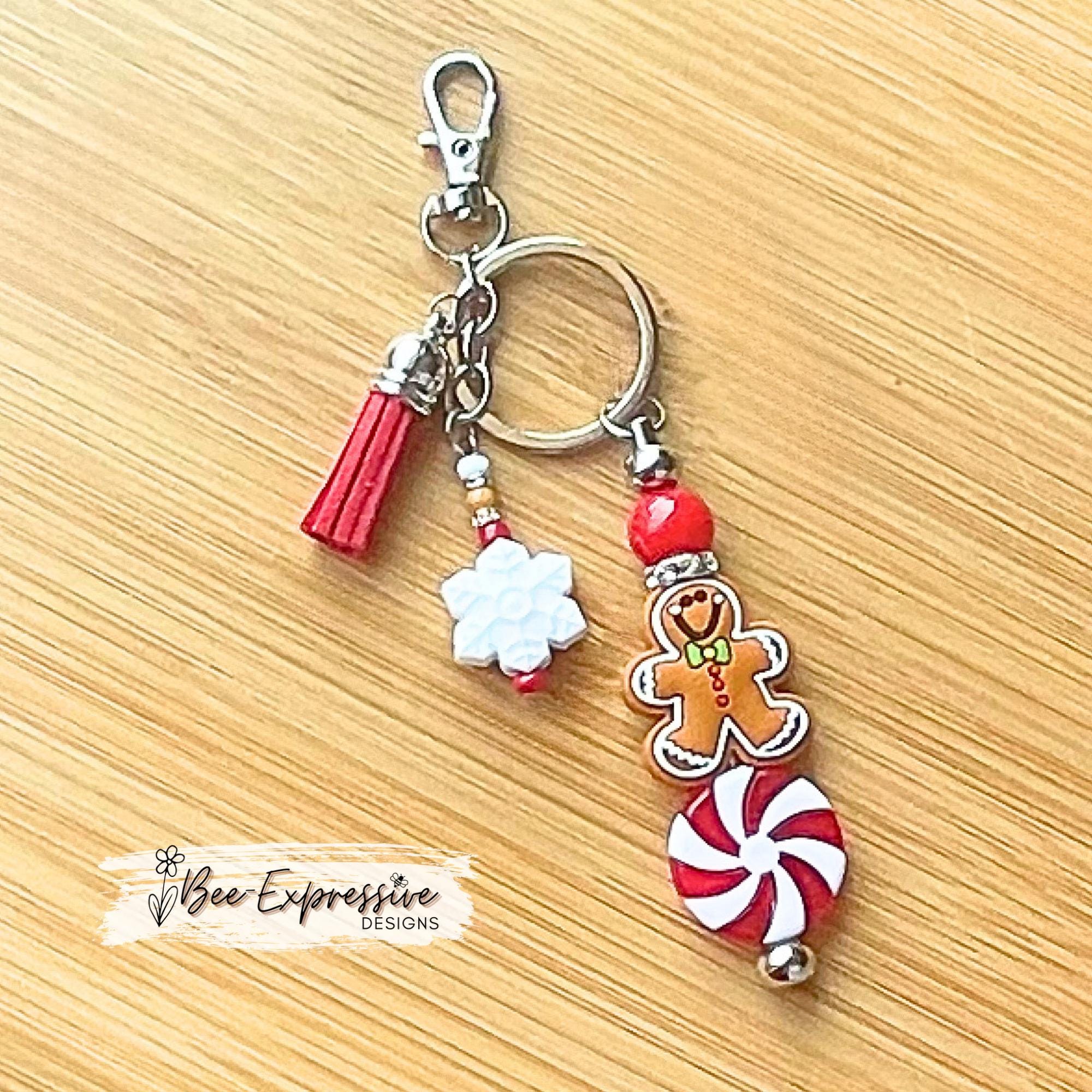 Beaded, handmade, Christmas GINGERBREAD keychain! Lobster clasp, beaded bar, acrylic, beaded tassel, silicone snowflake, peppermint bead!