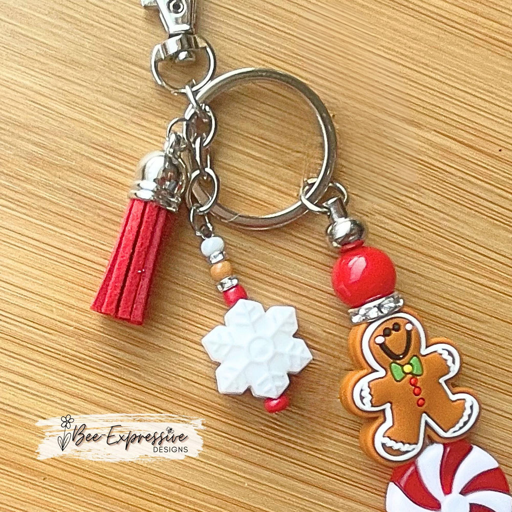 Beaded, handmade, Christmas GINGERBREAD keychain! Lobster clasp, beaded bar, acrylic, beaded tassel, silicone snowflake, peppermint bead!