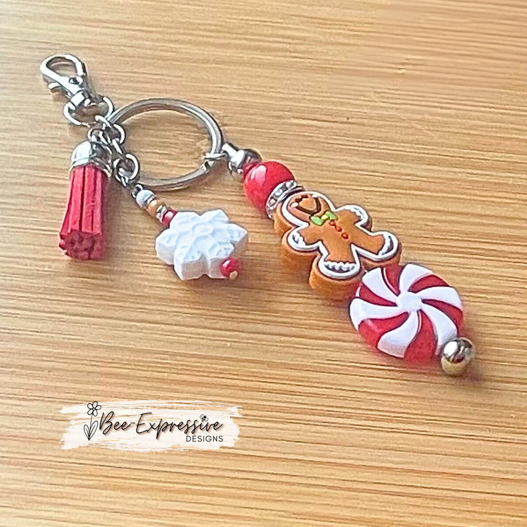 Beaded, handmade, Christmas GINGERBREAD keychain! Lobster clasp, beaded bar, acrylic, beaded tassel, silicone snowflake, peppermint bead!