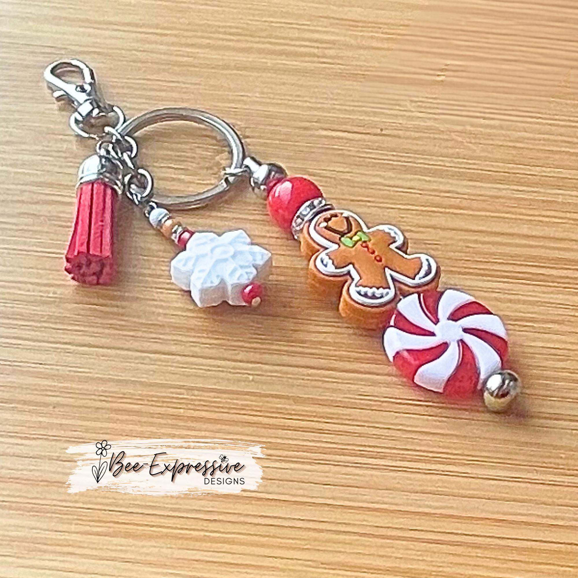 Beaded, handmade, Christmas GINGERBREAD keychain! Lobster clasp, beaded bar, acrylic, beaded tassel, silicone snowflake, peppermint bead!