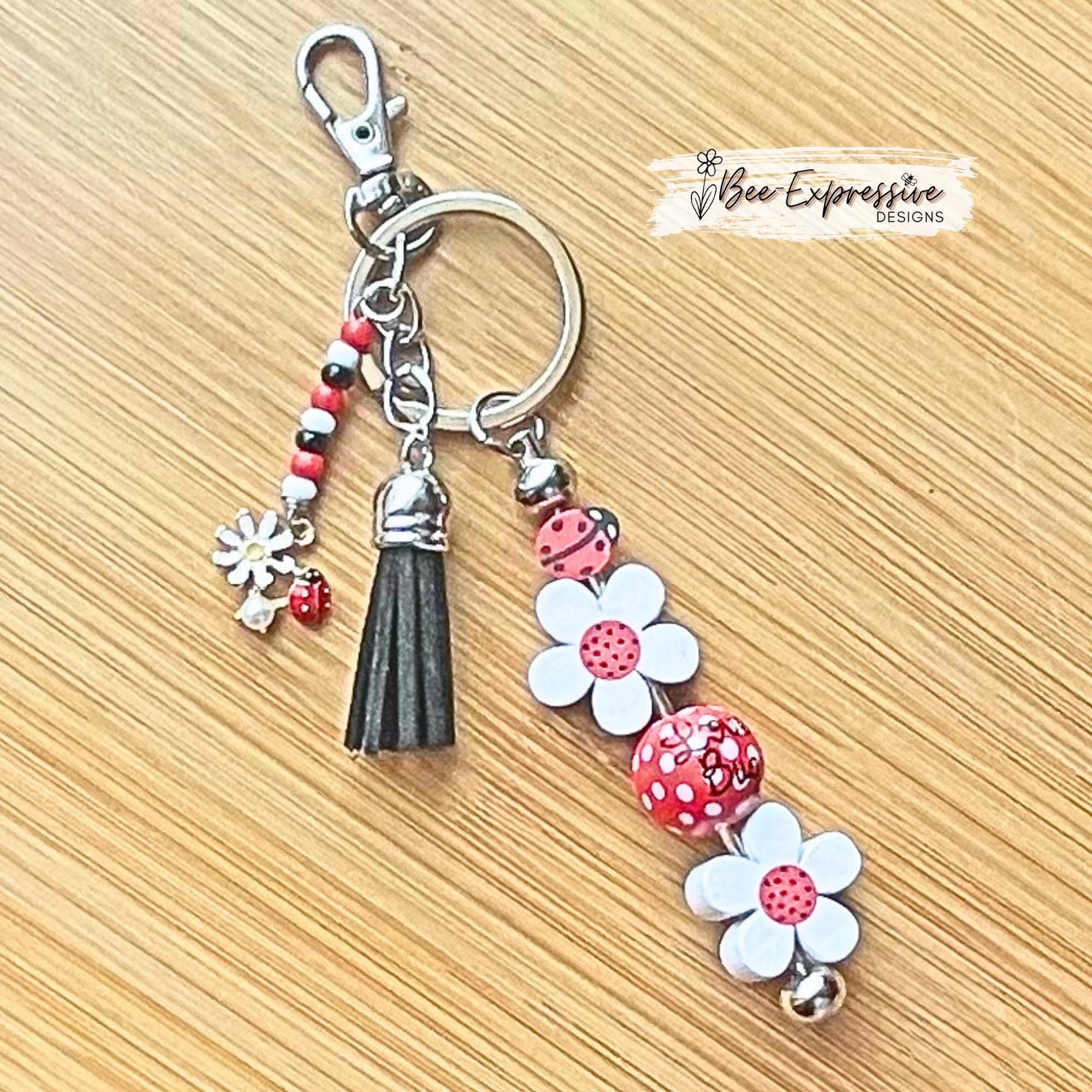 Handmade Ladybug Keychain: Beaded Tassel, Wood Daisy Flowers