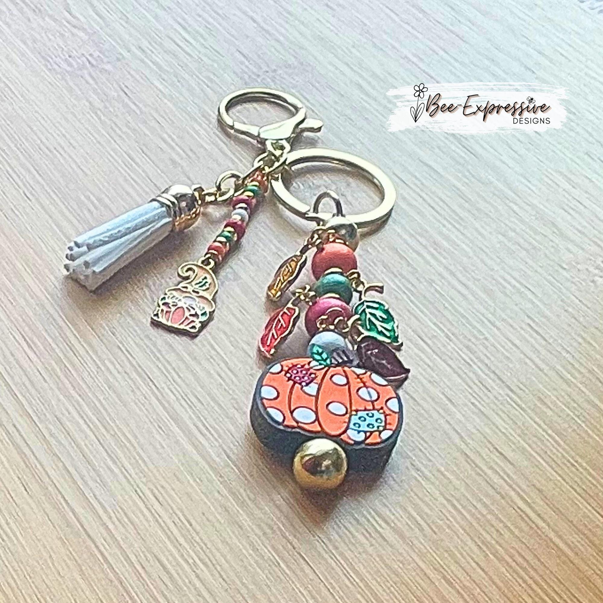 Handmade, patchwork PUMPKIN & GNOME charm, keychain! Lobster clasp, bead bar, wood beads, leaf charms, beaded tassel with a fall gnome charm