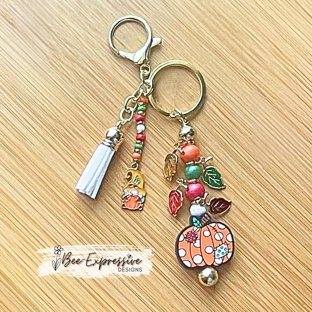Handmade, patchwork PUMPKIN & GNOME charm, keychain! Lobster clasp, bead bar, wood beads, leaf charms, beaded tassel with a fall gnome charm