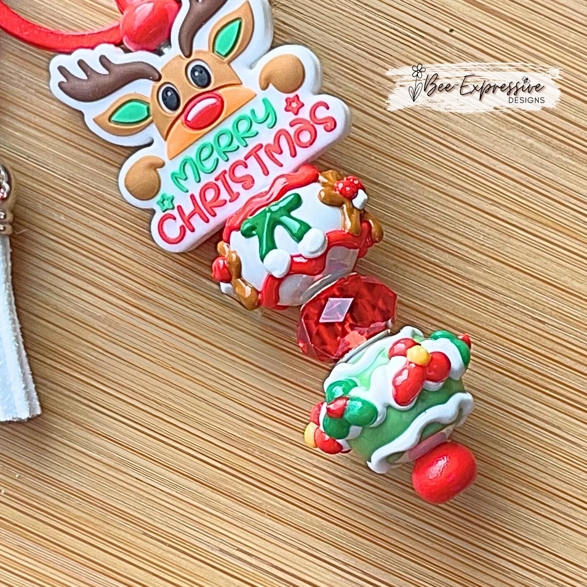 Handmade, silicone REINDEER, Christmas keychain!  Red lobster clasp, bead bar, lampwork glass beads, beaded tassel, Christmas tree charm!