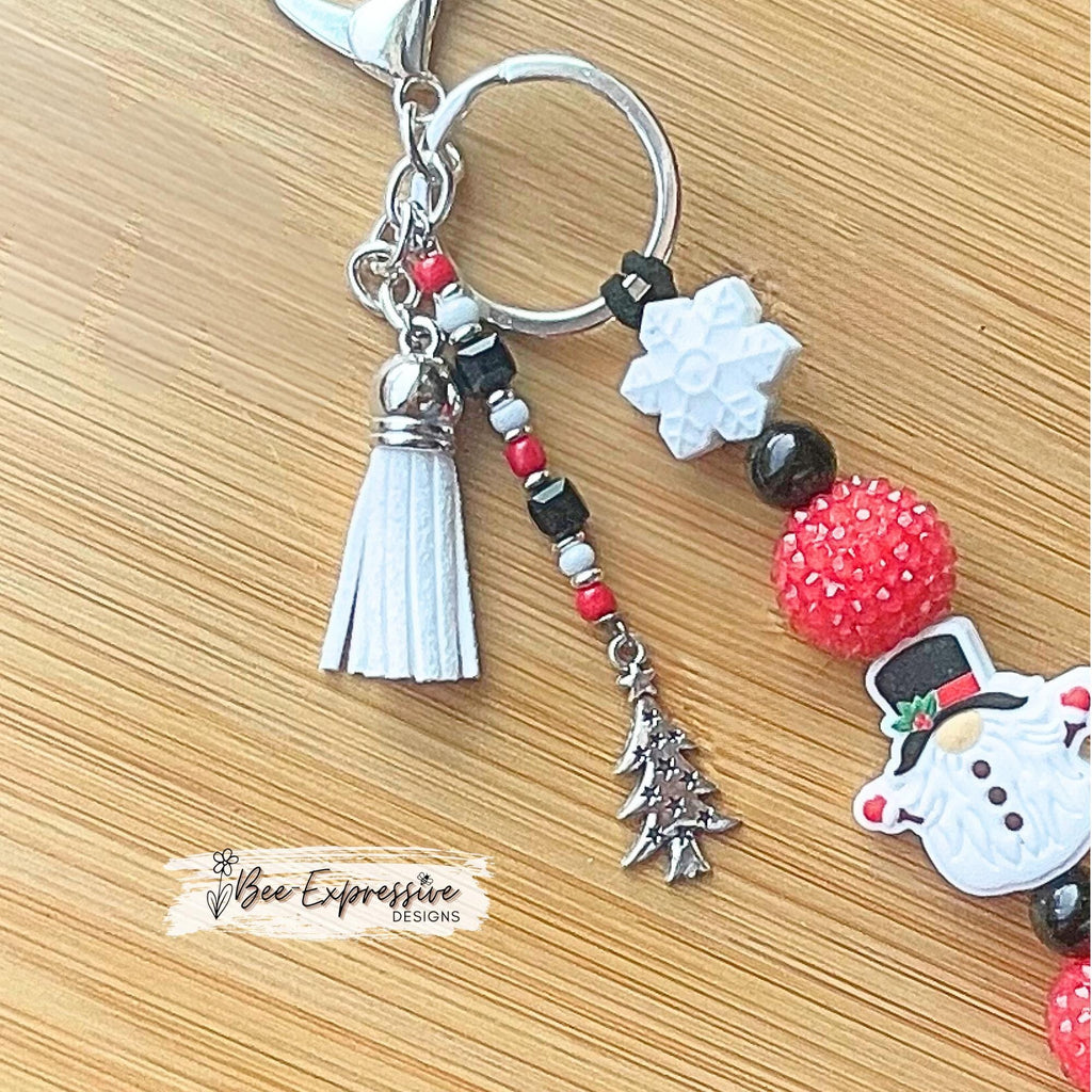 Handmade, Christmas GNOME keychain! Lobster or swivel clasp, suede cord, chunky rhinestone beads, snowflake, beaded tassel with tree charm
