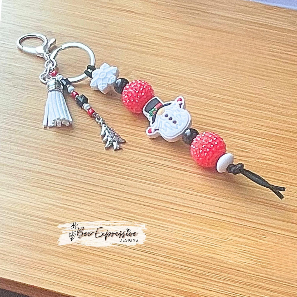 Handmade, Christmas GNOME keychain! Lobster or swivel clasp, suede cord, chunky rhinestone beads, snowflake, beaded tassel with tree charm