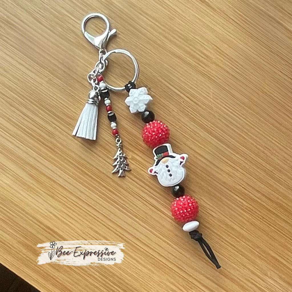Handmade, Christmas GNOME keychain! Lobster or swivel clasp, suede cord, chunky rhinestone beads, snowflake, beaded tassel with tree charm
