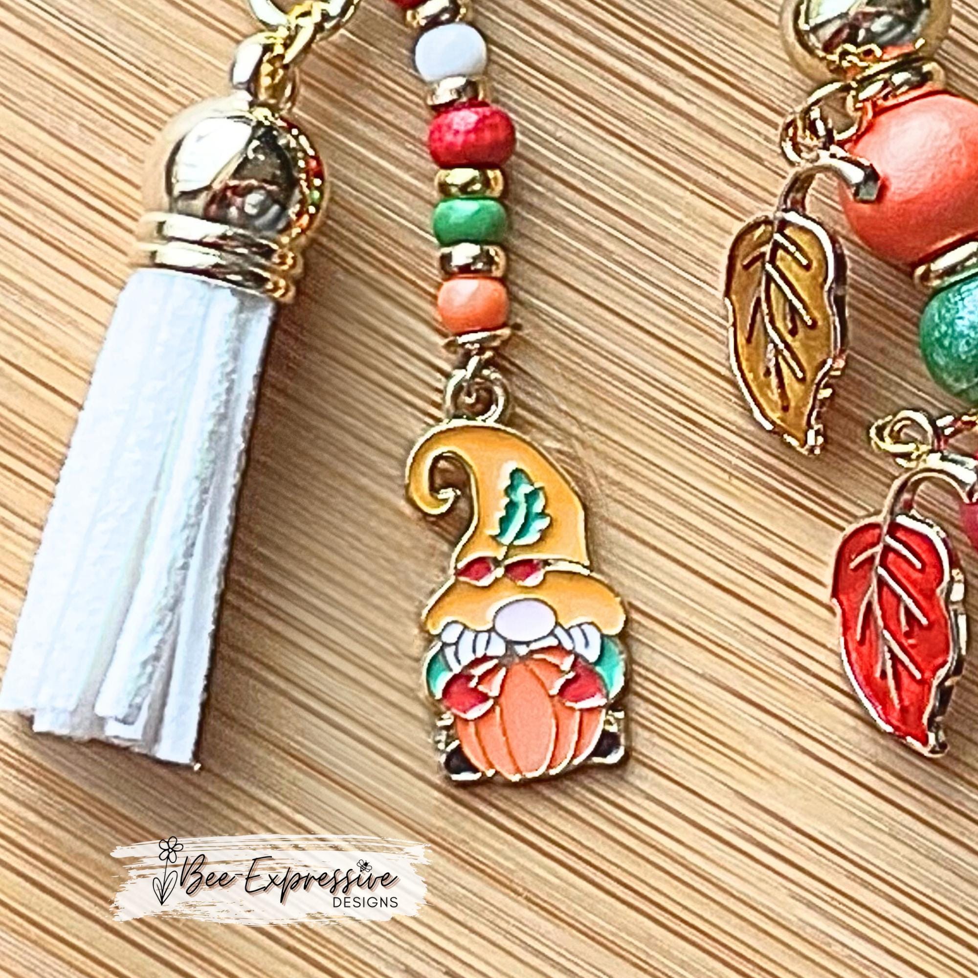 Handmade, patchwork PUMPKIN & GNOME charm, keychain! Lobster clasp, bead bar, wood beads, leaf charms, beaded tassel with a fall gnome charm
